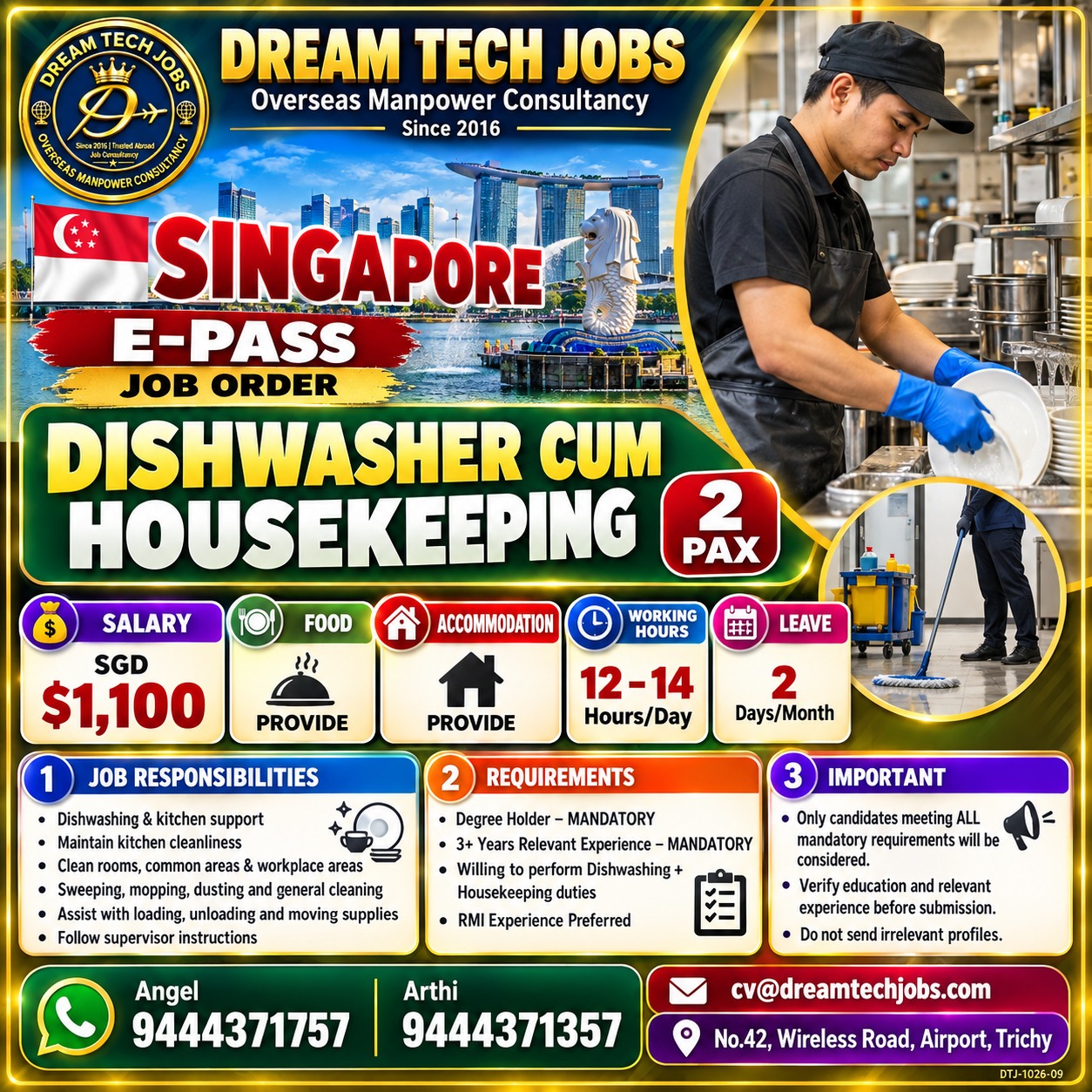 Dishwasher cum Housekeeping — DREAM TECH JOBS -TRICHY, Singapore, Singapore