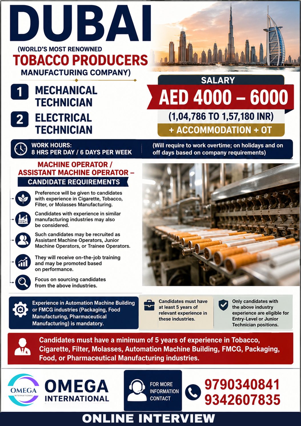 MECHANICAL/ ELECTRICAL TECHNICIAN — OMEGA INTERNATIONAL HR SOLUTIONS, DUBAI