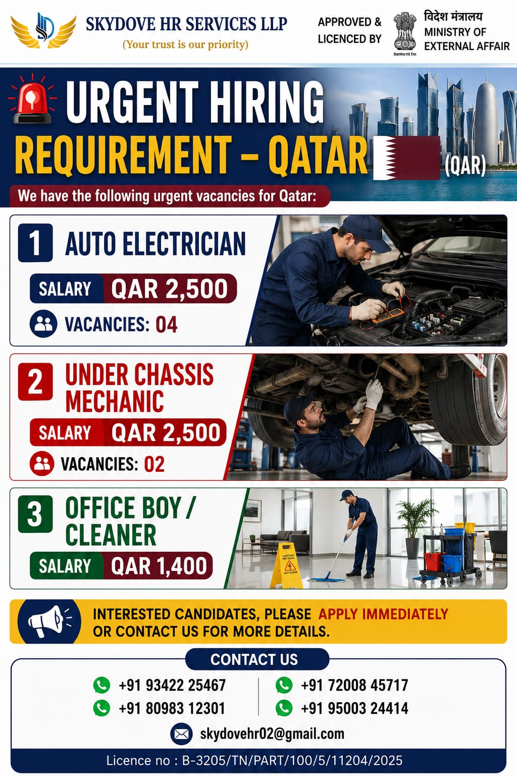 AUTO ELECTRICIAN,UNDER CHASSIS MECHANIC, OFFICE BOY / CLEANER