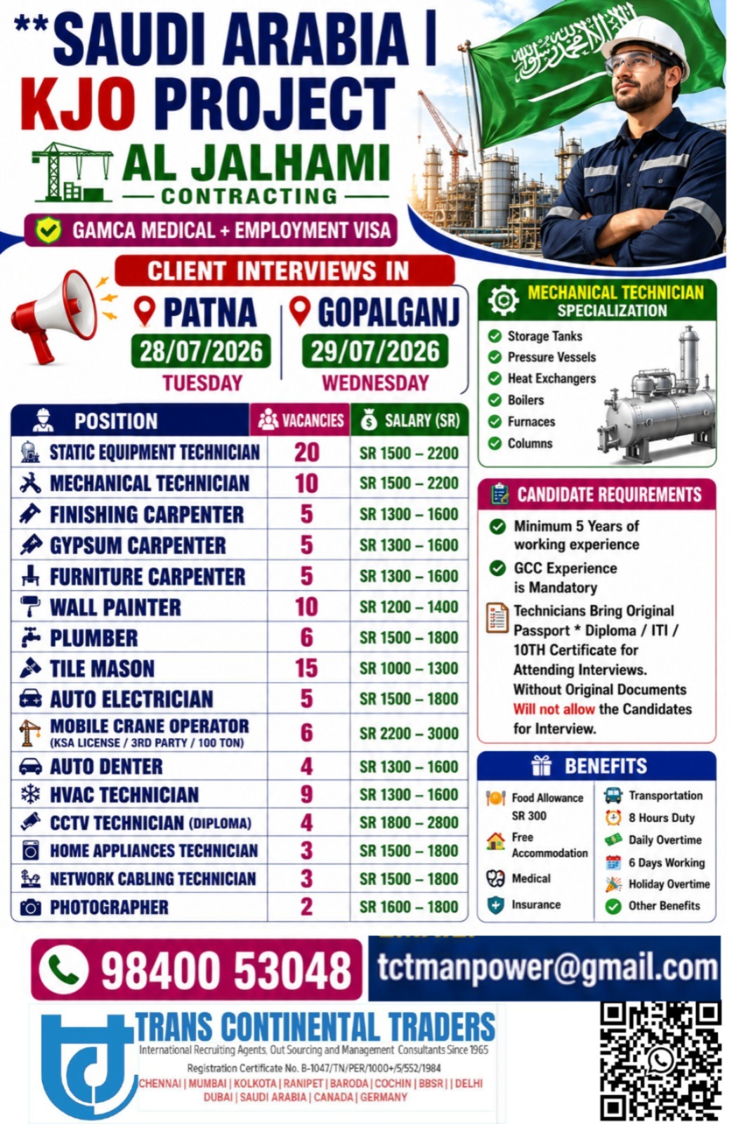 Saudi Arabia KJO Project Al Jalhami Contracting DIRECT CLIENT INTERVIEW IN PATNA 28-JULY-2026 | GOPALGANJ 29 JULY 2026 CALL OR SEND CV ON WHATSAPP 9791553048 — Trans Continental Traders, Saudi Arabia