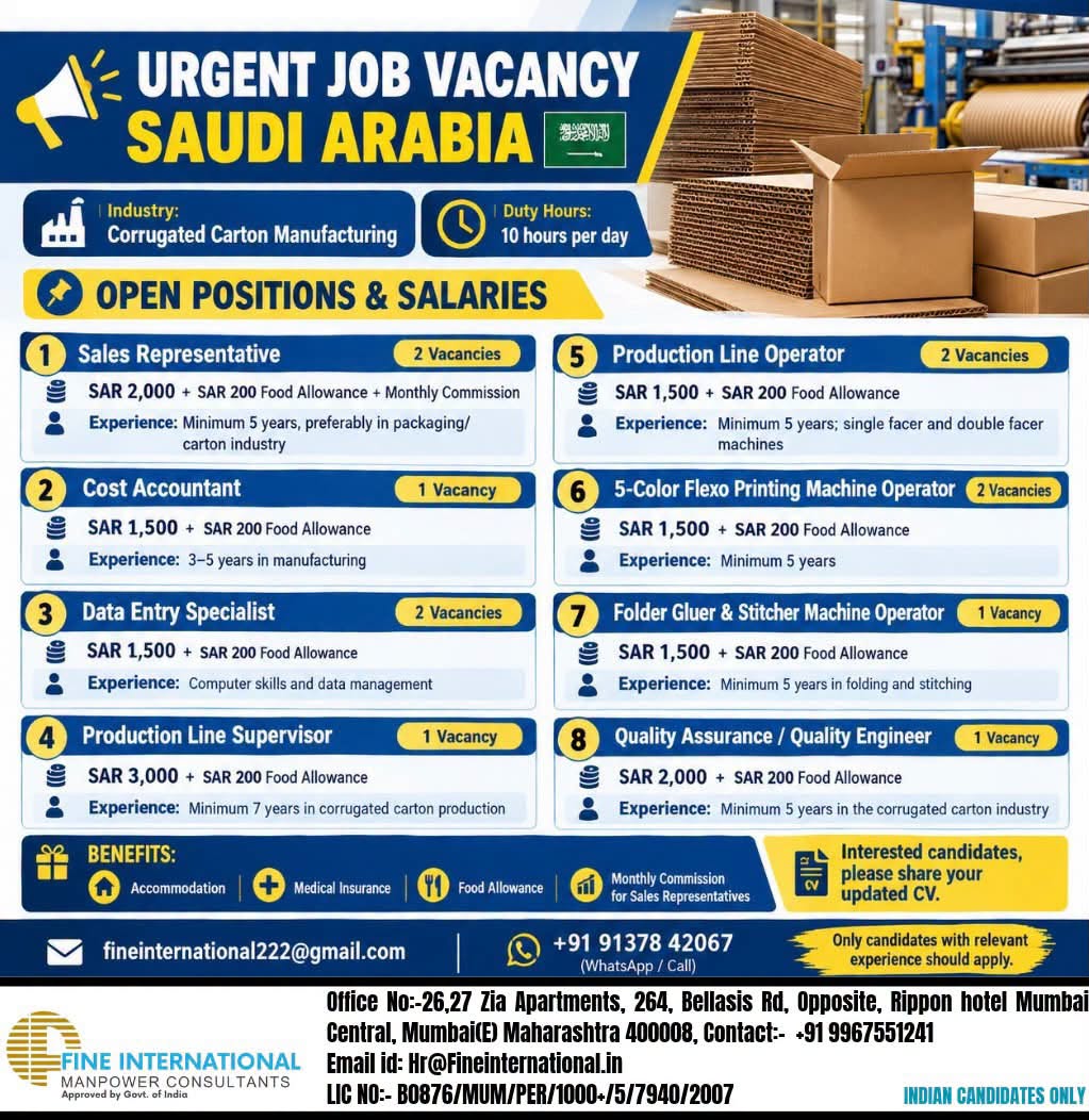 Urgent Job Vacancy - Corrugated Carton Manufacturing