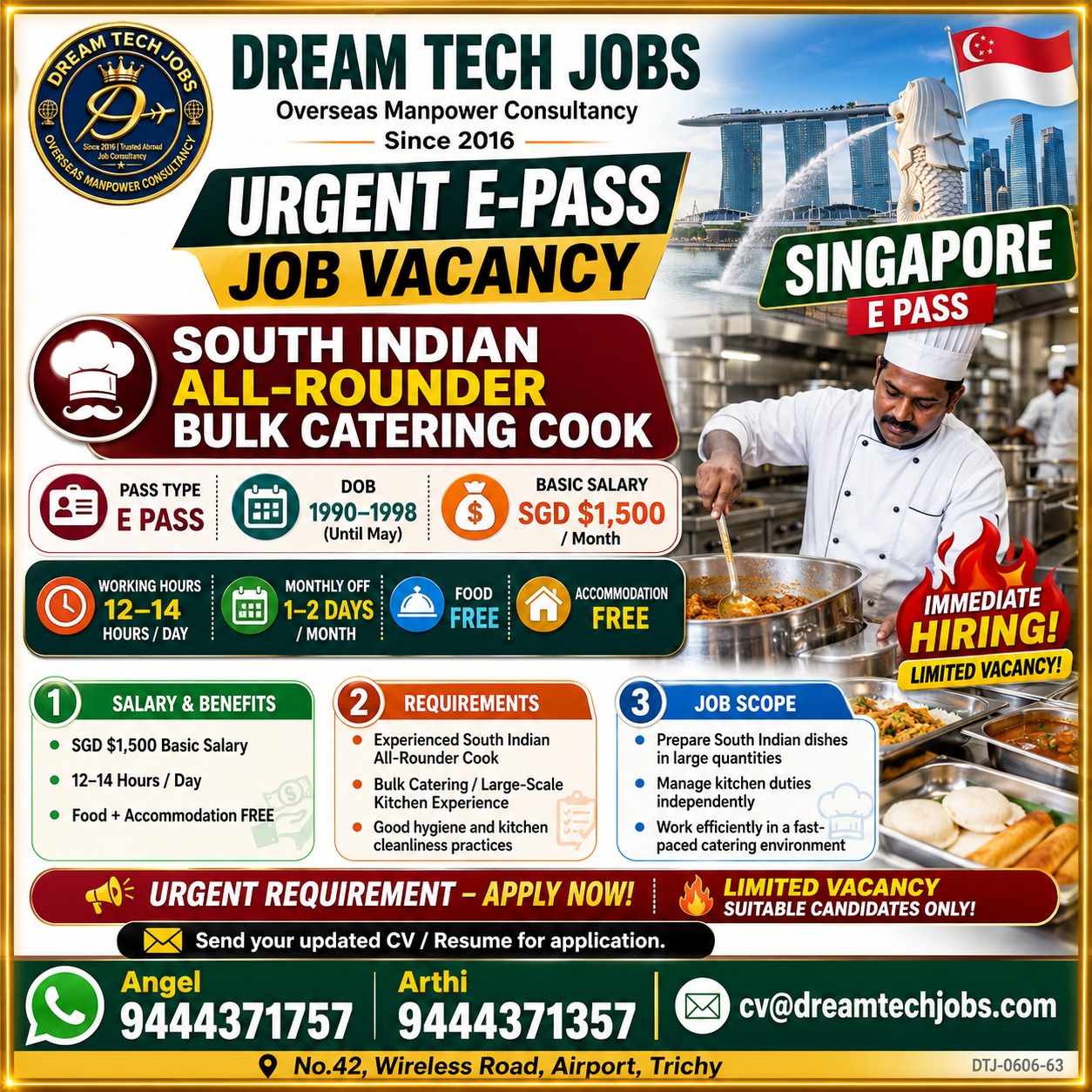 South Indian All-Rounder Bulk Catering Cook — DREAM TECH JOBS -TRICHY, Singapore, Singapore