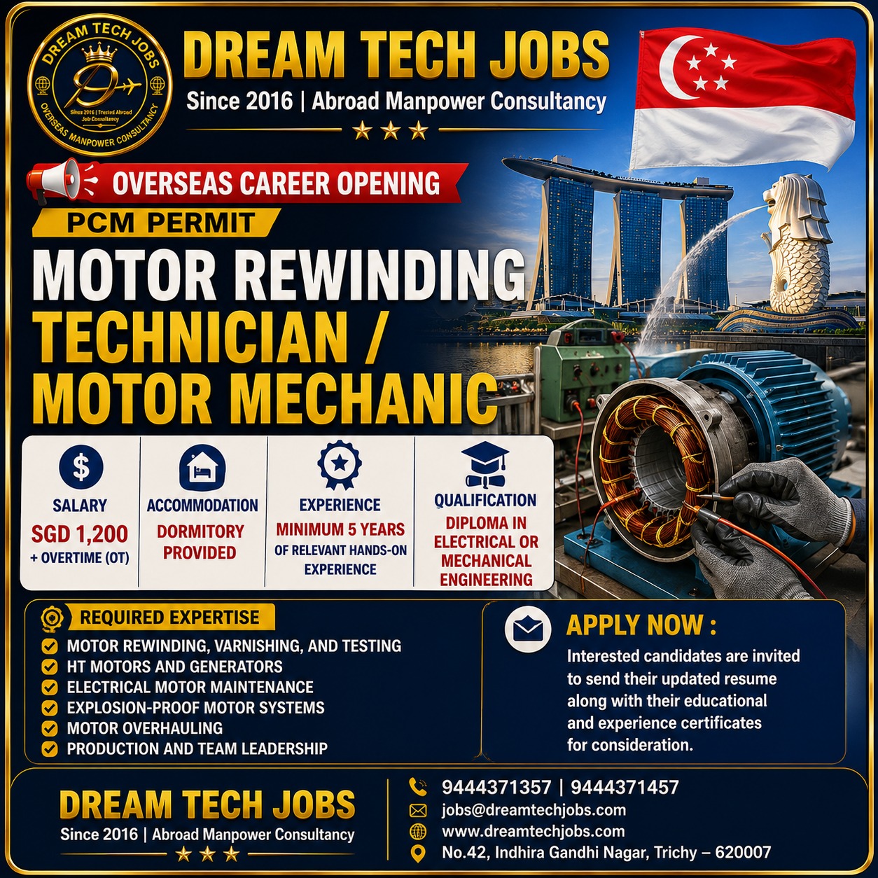 Motor Rewinding Technician / Motor Mechanic — DREAM TECH JOBS -TRICHY, Singapore, Singapore