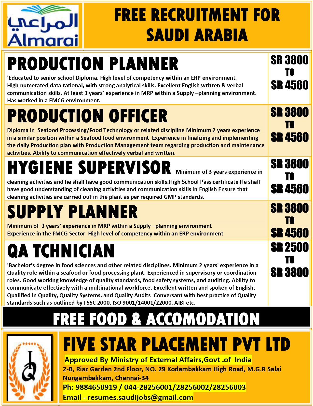 FREE RECRUITMENT FOR  SAUDI ARABIA — Five Star Placement Pvt Ltd, SAUDI ARABIA, SAUDI ARABIA