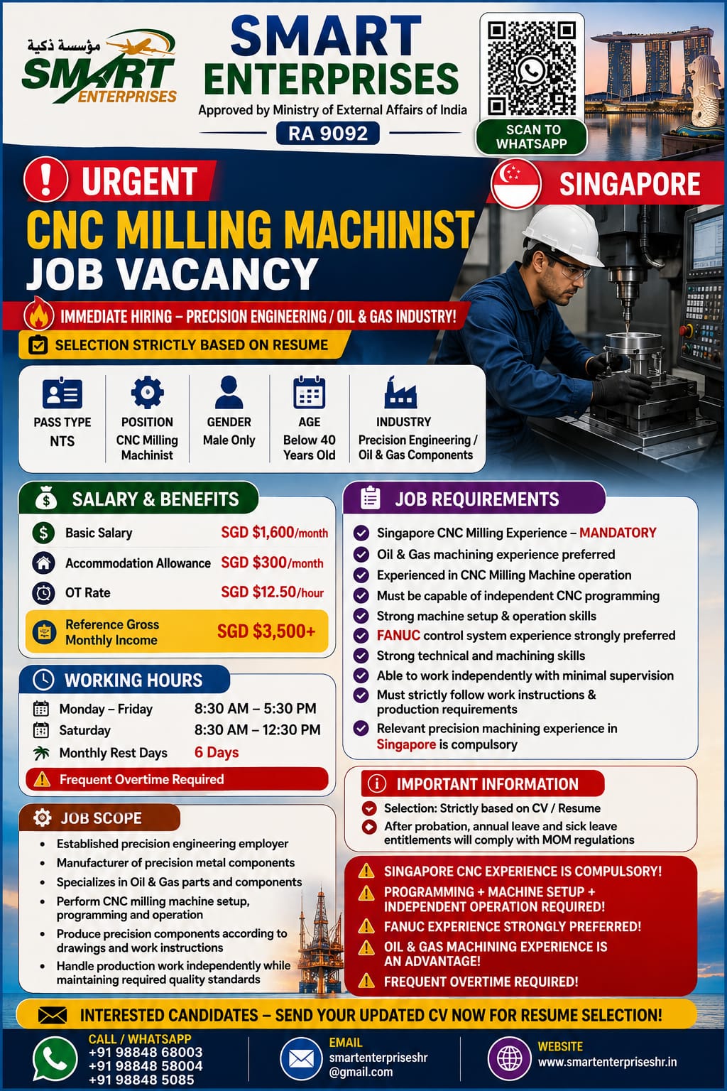 CNC MILLING MACHINIST — smartenterpriseshr@gmail.com, SINGAPORE, SINGAPORE