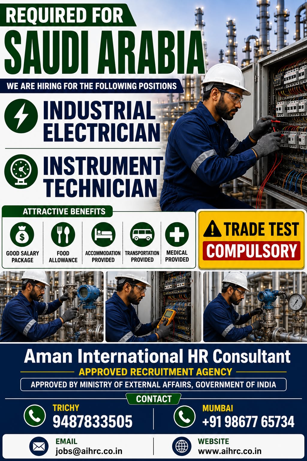 Industrial Electrician & Instrument Technician Required for Saudi Arabia — AMAN INTERNATIONAL HR CONSULTANT, Saudi Arabia, Saudi Arabia