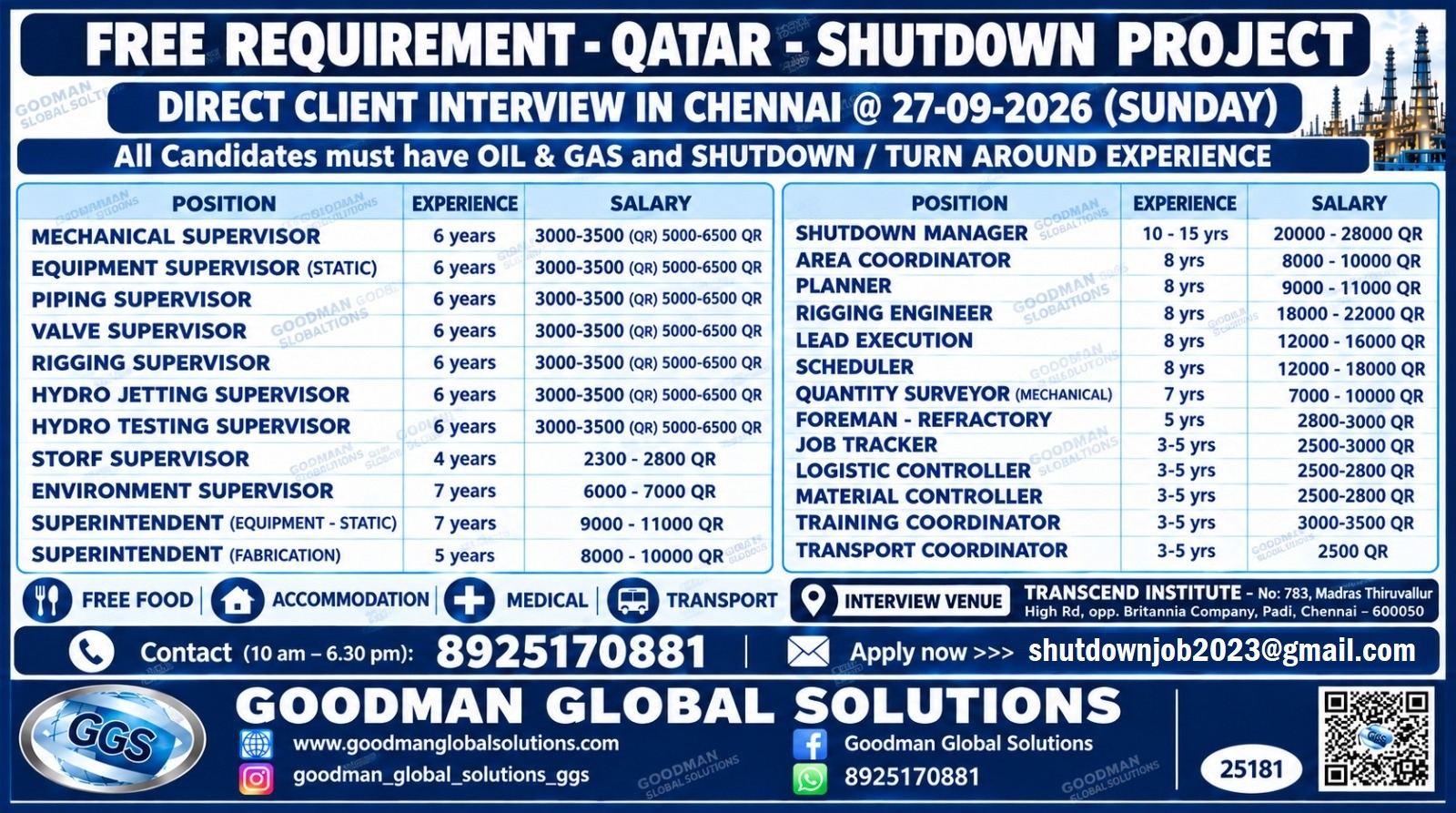 FREE RECRUITMENT - QATAR - SHUTDOWN PROJECT  DIRECT CLIENT INTERVIEW IN -CHENNAI @27-09-2023(SUNDAY)