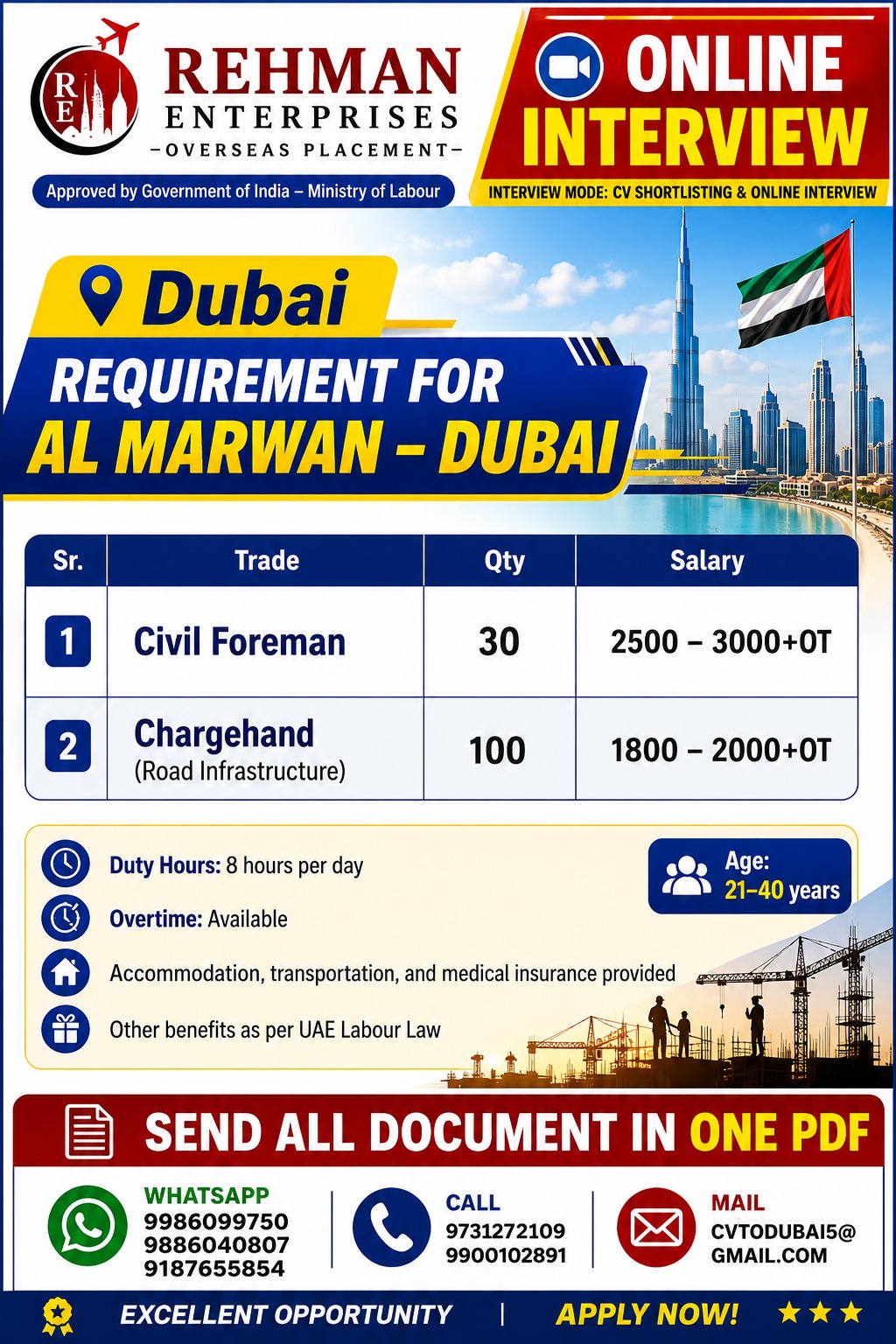 Construction & Infrastructure Positions - Al Marwan Dubai — Rehman Enterprises, United Arab Emirates, United Arab Emirates