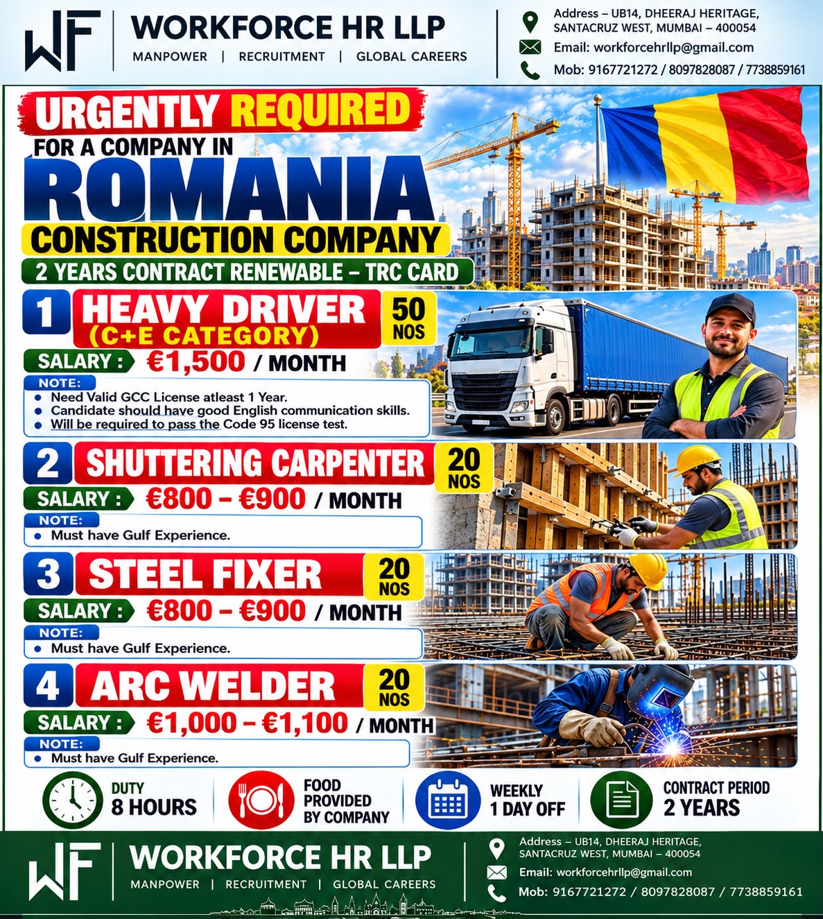 WELDER, SHUTTERING CARPENTER, STEEL FIXER, truck — Workforce HR LLP, ROMANIA, ROMANIA