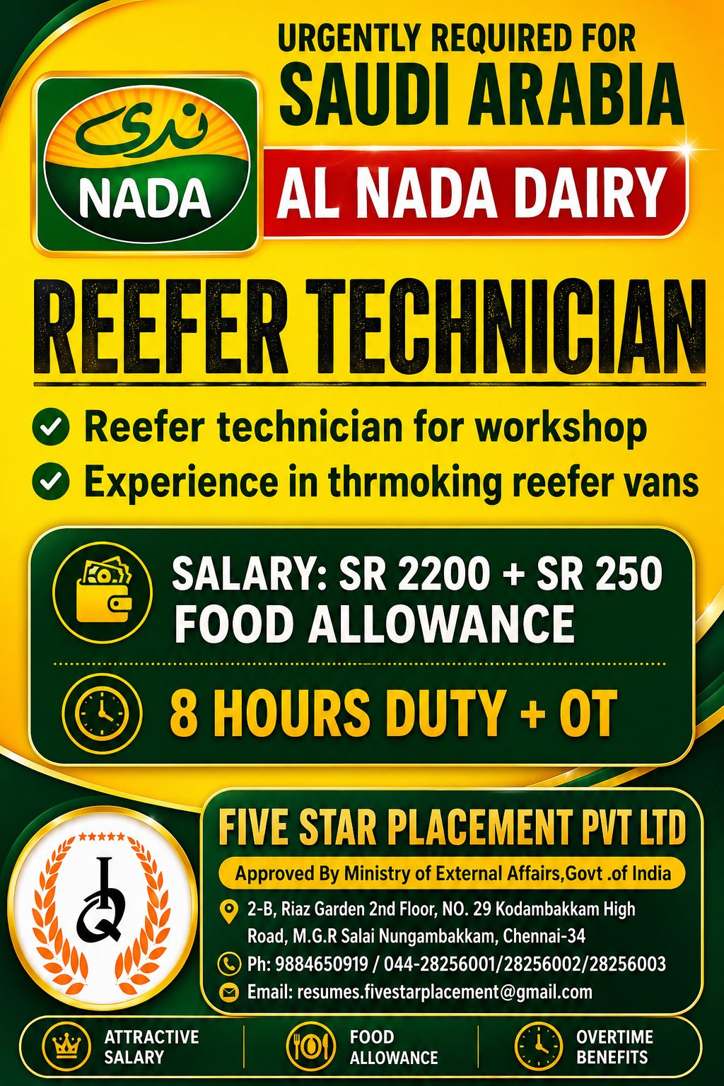 REEFER TECHNICIAN  - KSA — Five Star Placement Pvt Ltd, SAUDI ARABIA, SAUDI ARABIA
