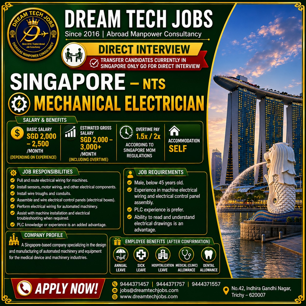 Mechanical Electrician — DREAM TECH JOBS -TRICHY, Singapore, Singapore