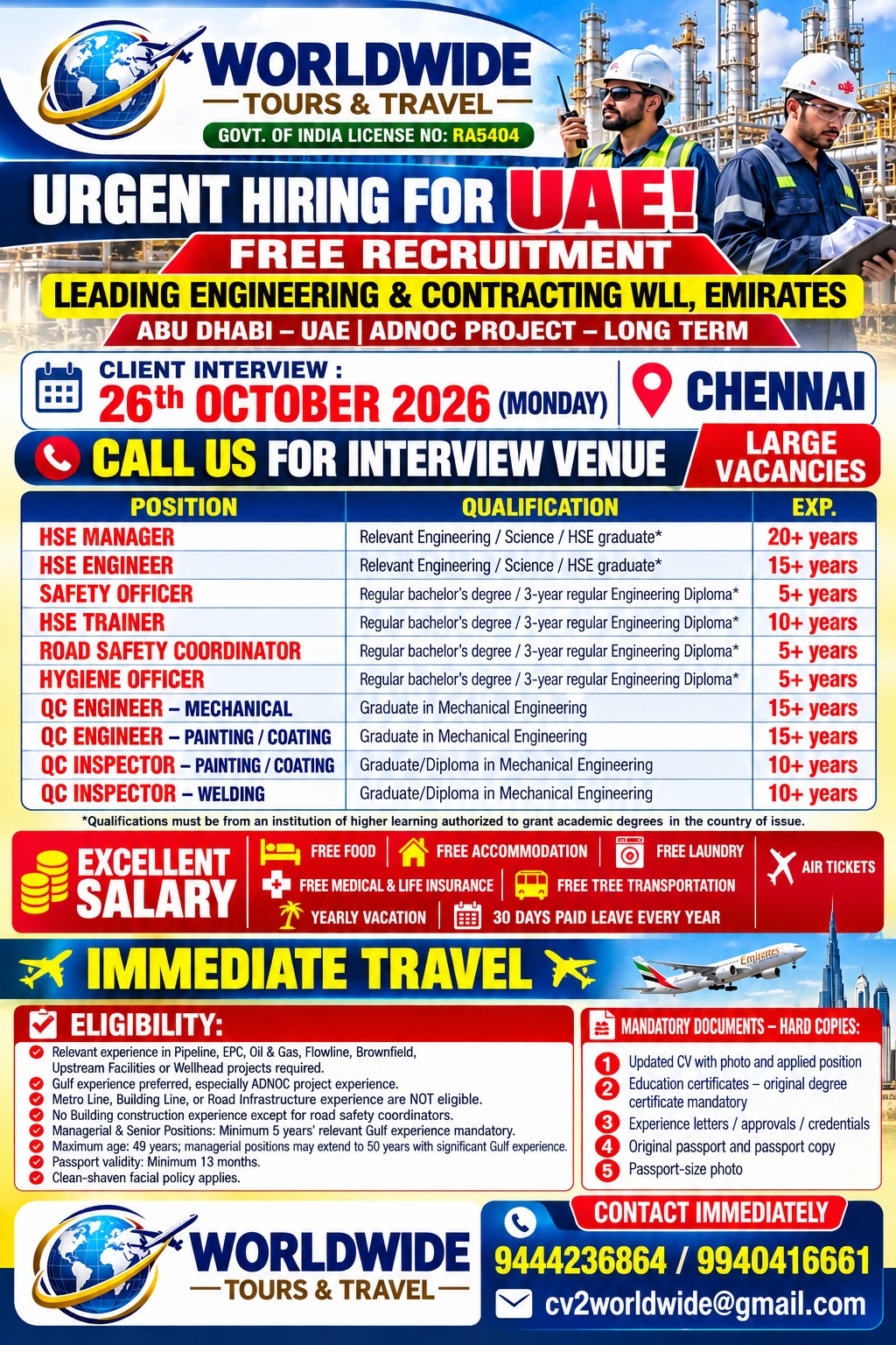 Urgent Hiring for UAE - Leading Engineering & Contracting — World Wide Tours &amp; Travels, UAE