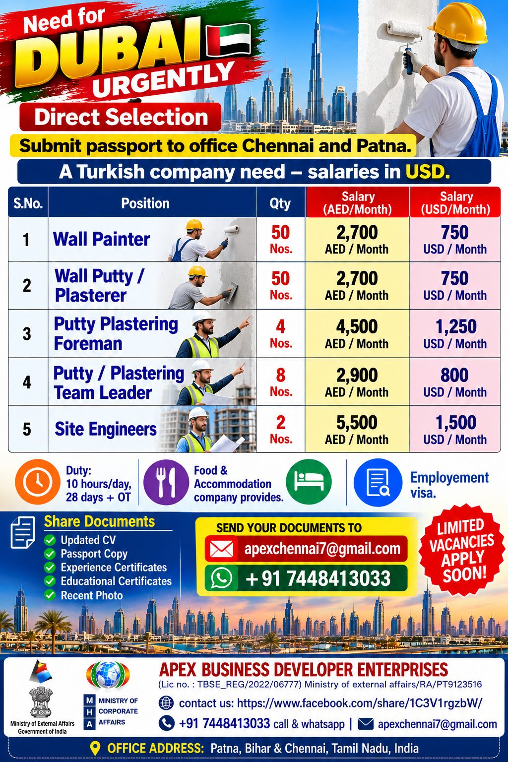 Construction & Site Workers Required for Dubai