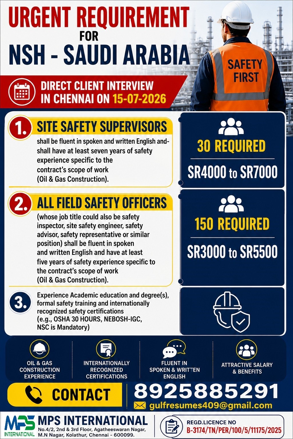 Safety Professionals for NSH - Saudi Arabia — MPS INTERNATIONAL, Saudi Arabia, Saudi Arabia