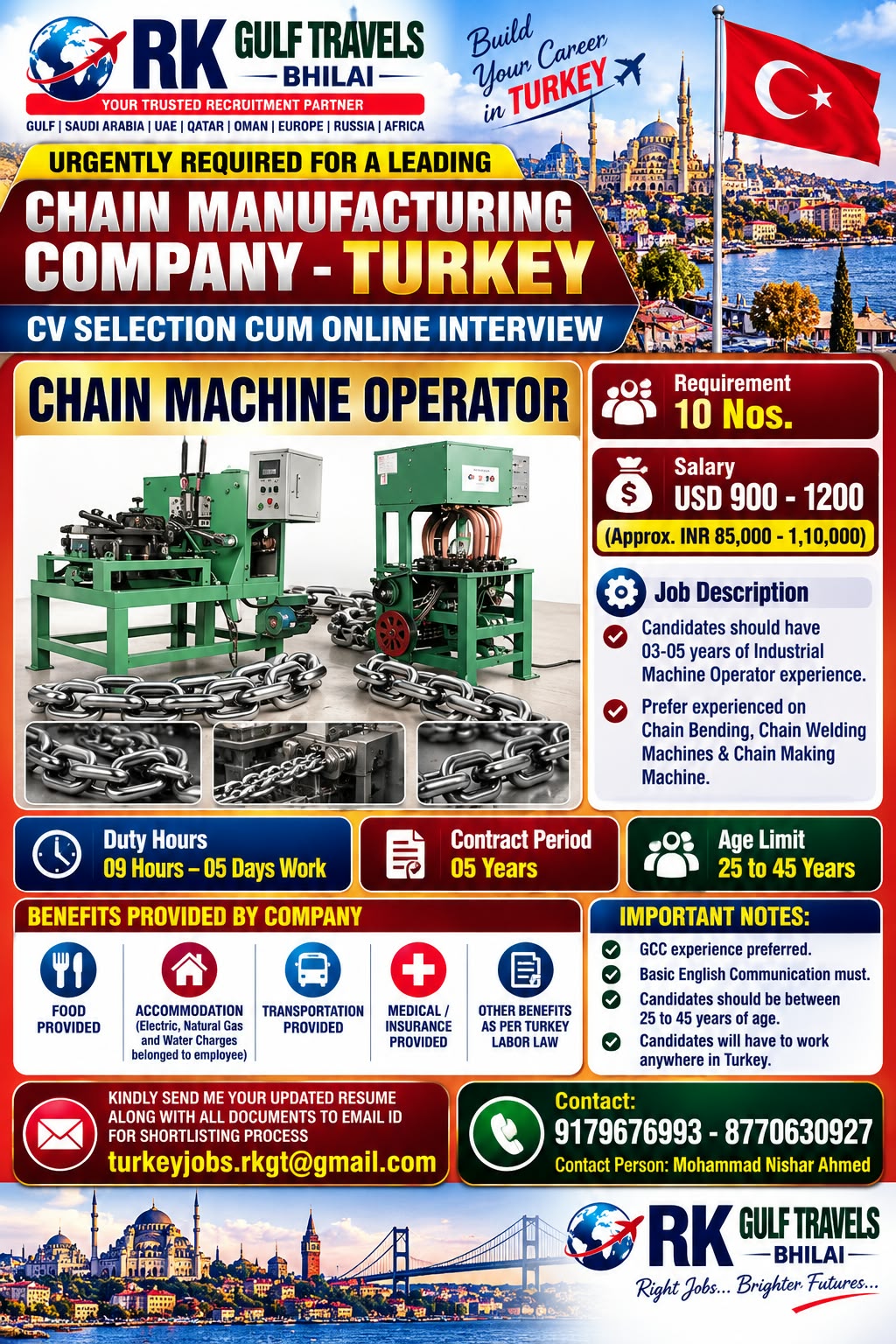 BUILD YOUR CAREER IN TURKEY - GOLDEN OPPORTUNITY — RK GULF TRAVELS,BHILAI, TURKEY
