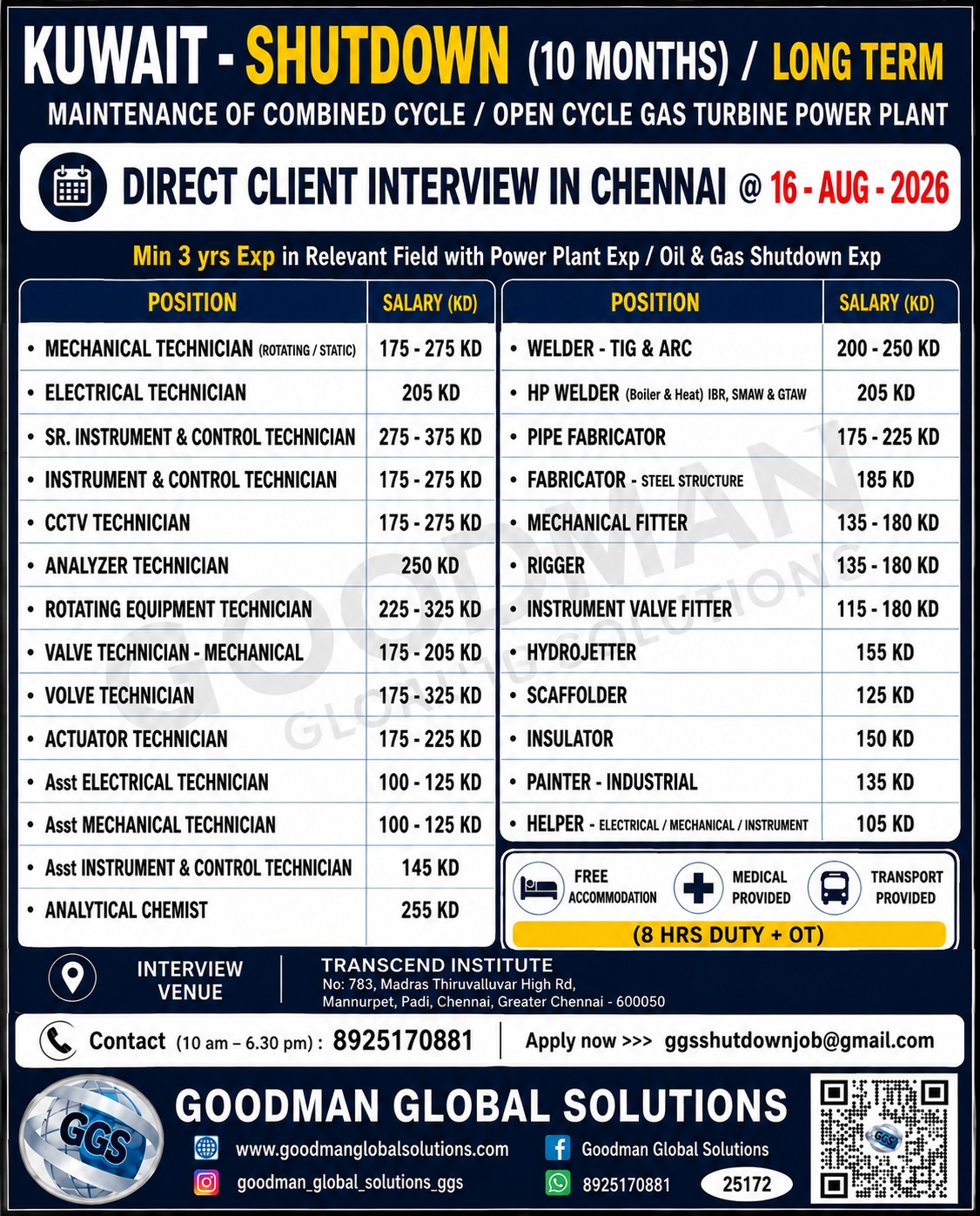 KUWAIT - SHUTDOWN (10 Months) / LONG TERM DIRECT CLIENT INTERVIEW IN CHENNAI @ 16-08-2026 — GOODMAN GLOBAL SOLUTIONS, UAE, UAE