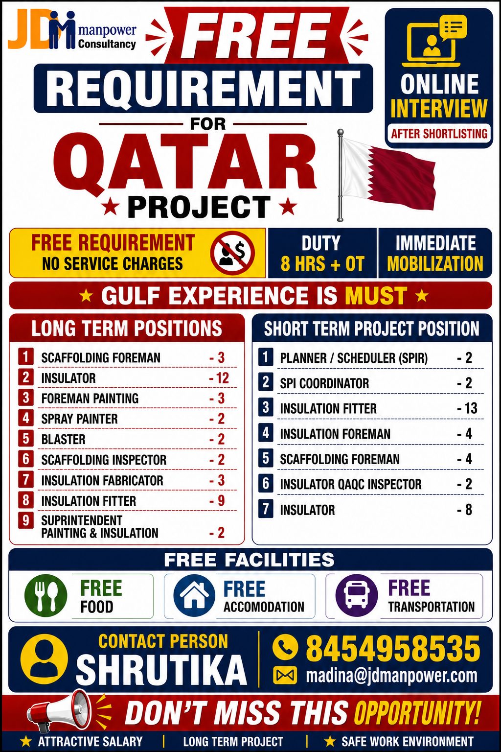 FREE REQUIREMENT FOR QATAR PROJECT LONG TERM AND SHORT TERM — JD Manpower Consultancy, QATAR, QATAR