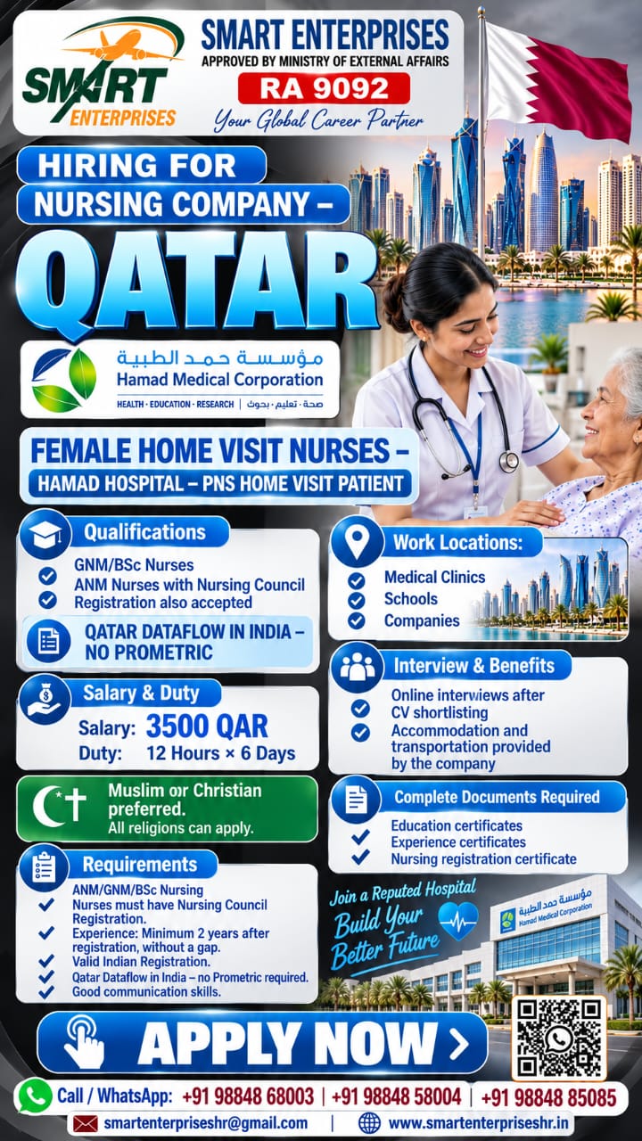 QATAR REQUIRES FEMALE NURSES — smartenterpriseshr@gmail.com, QATAR