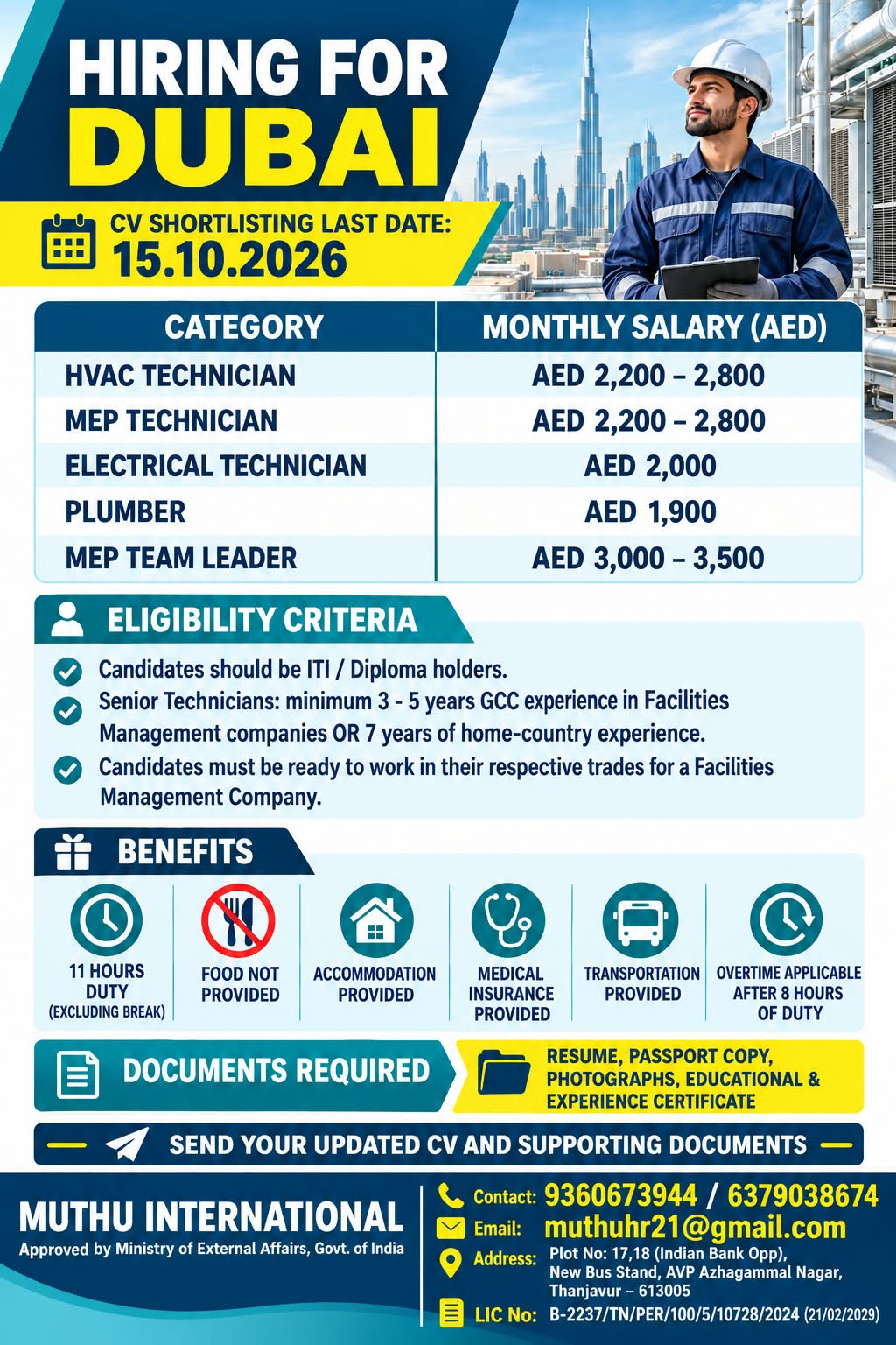Hiring for Dubai@@@@ — MUTHU INTERNATIONAL, UAE, UAE