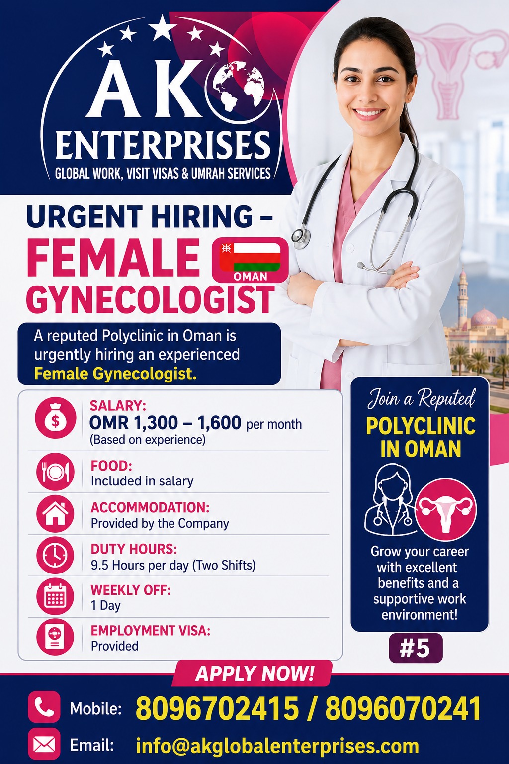 Urgently Hiring for Oman - Female GYNECOLOGIST — AK ENTERPRISES, Oman