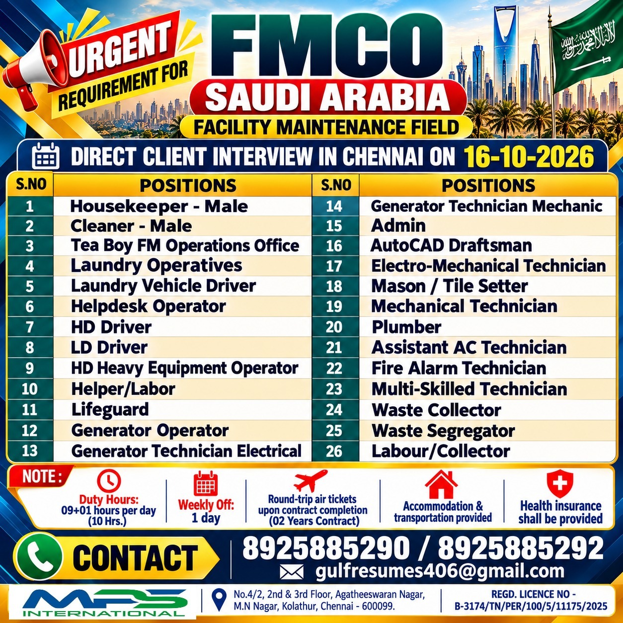 Facility Maintenance Field - FMCO Saudi Arabia — MPS INTERNATIONAL, Saudi Arabia, Saudi Arabia