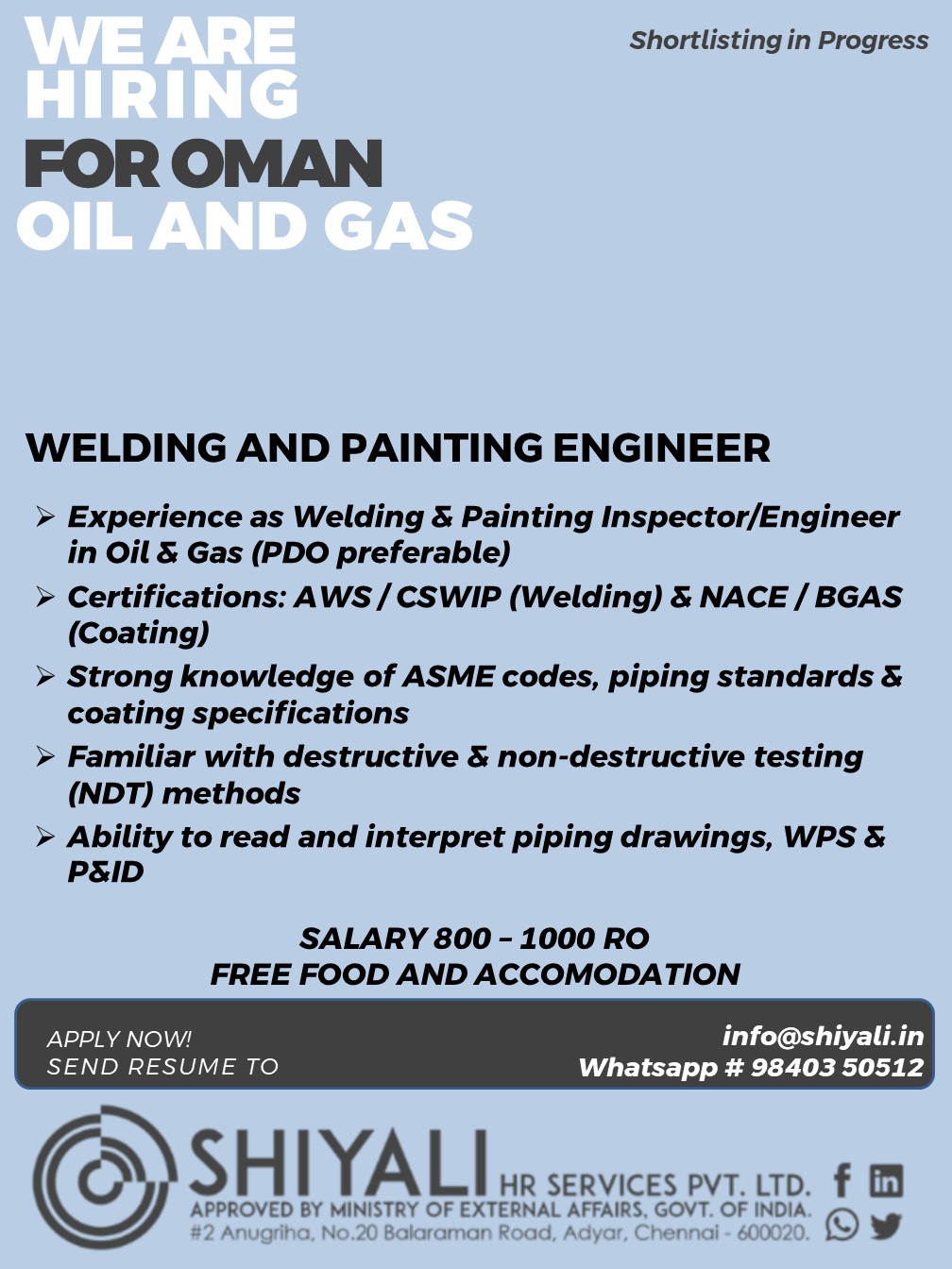 Welding and Painting Engineer — SHIYALI HR SERVICES, Oman