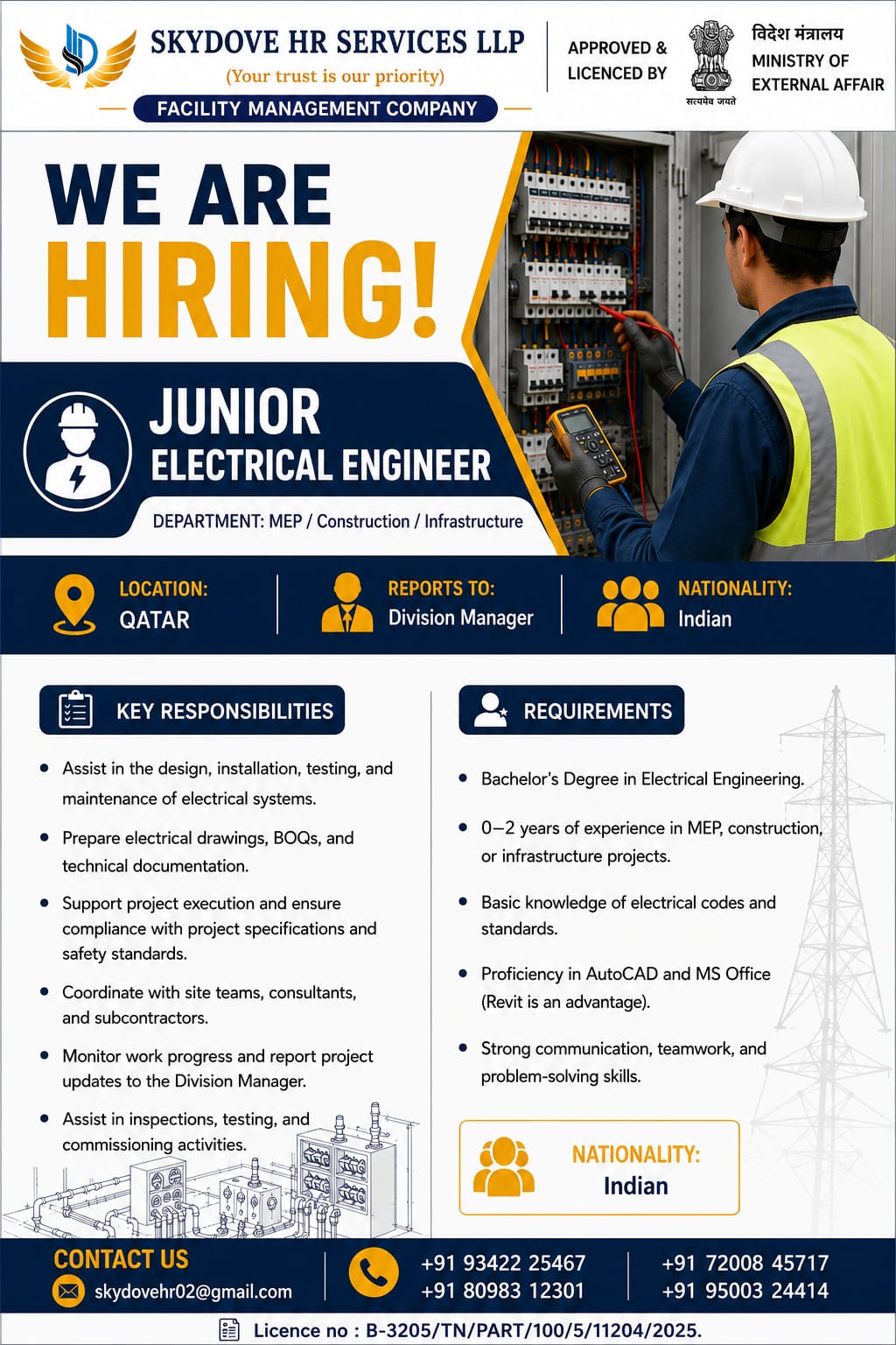 Junior Electrical Engineer — SKY DOVE HR SERVICES LLP, Qatar, Qatar