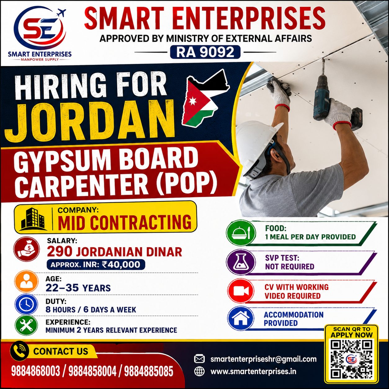 GYPSUM BOARD CARPENTER (POP)  Company: MID CONTRACTING — smartenterpriseshr@gmail.com, JORDAN, JORDAN