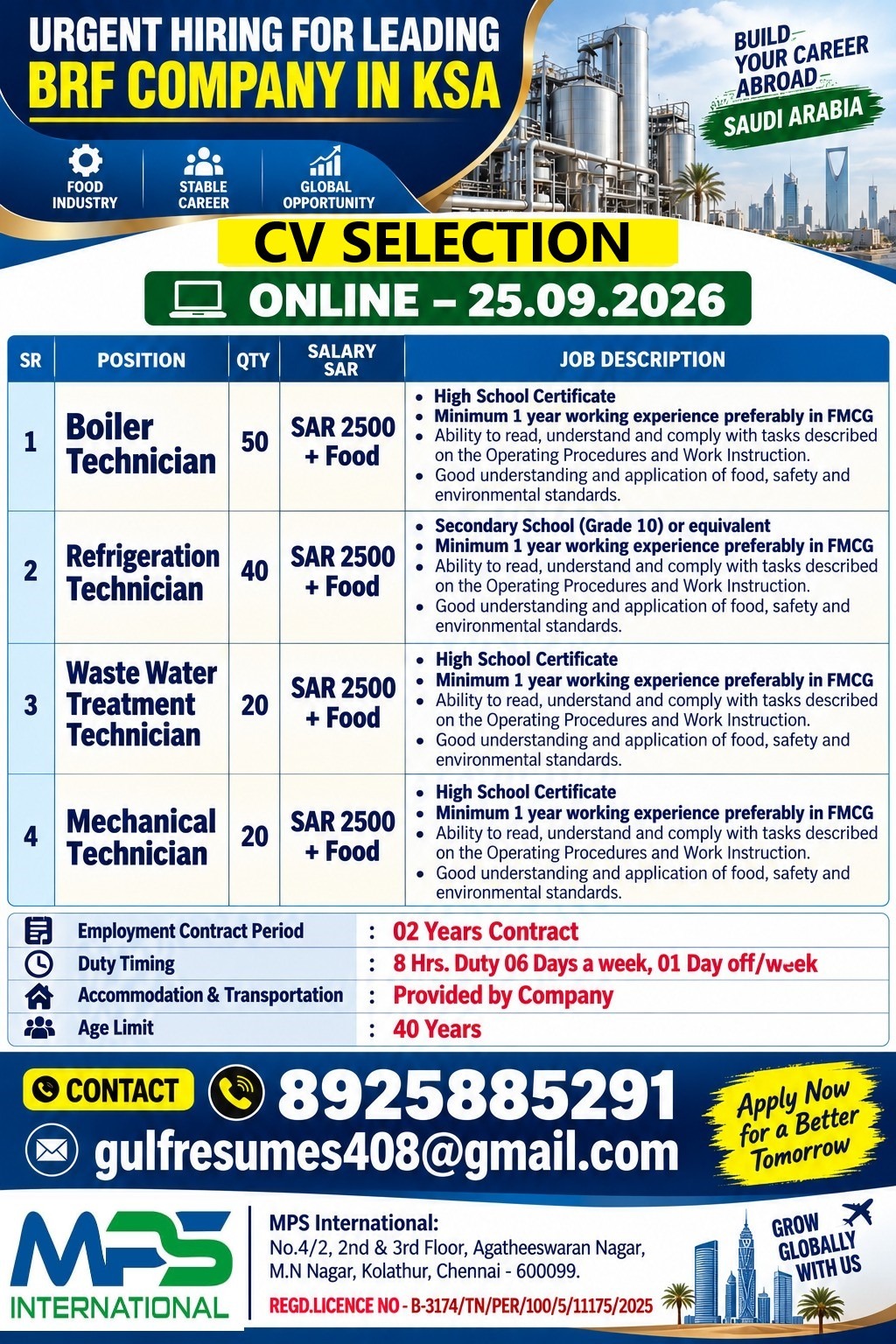 Urgent Hiring for Leading BRF Company in KSA - CV SELECTION — MPS INTERNATIONAL, Saudi Arabia, Saudi Arabia