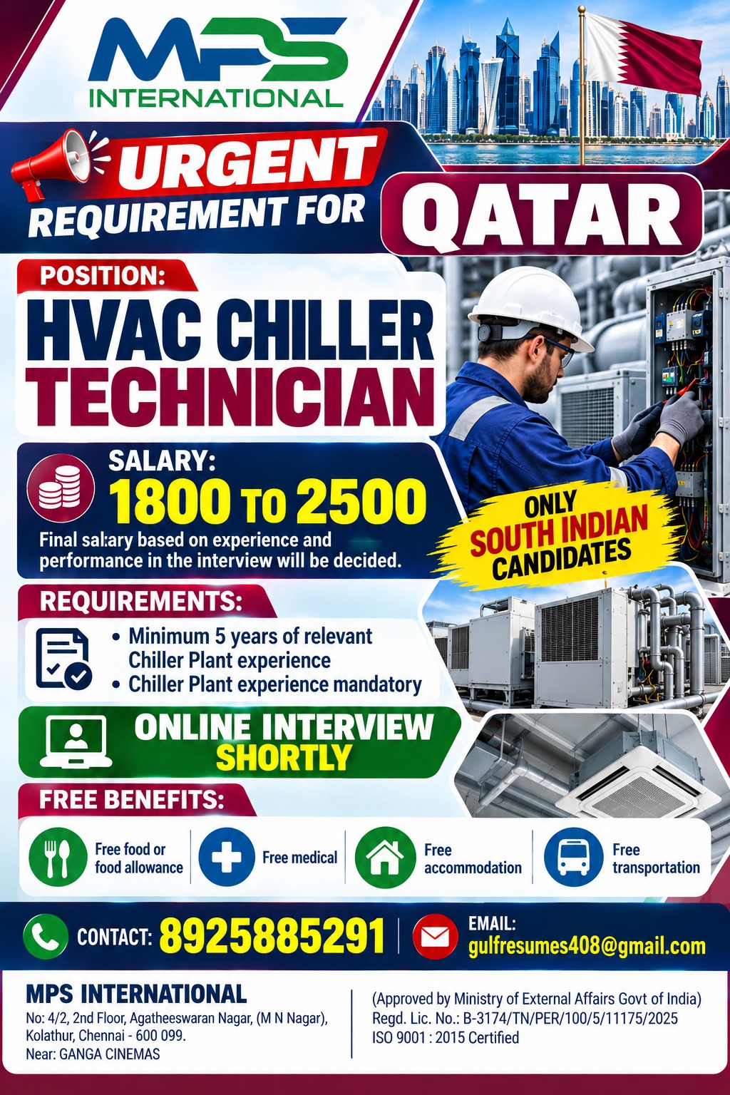 HVAC Chiller Technician — MPS INTERNATIONAL, Qatar, Qatar