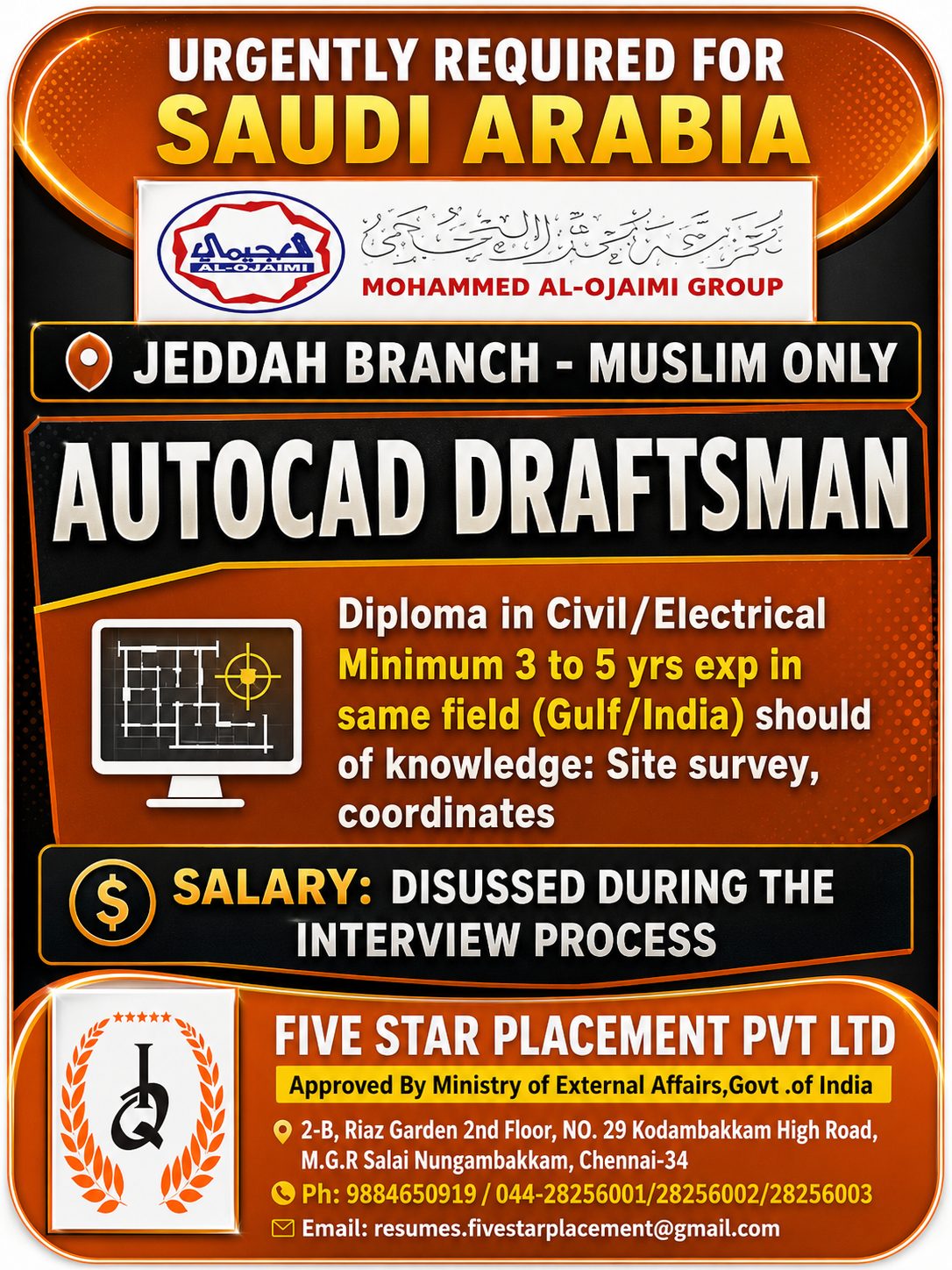 URGENTLY REQUIRED FOR SAUDI ARABIA - ALOJIMI — Five Star Placement Pvt Ltd, SAUDI ARABIA, SAUDI ARABIA