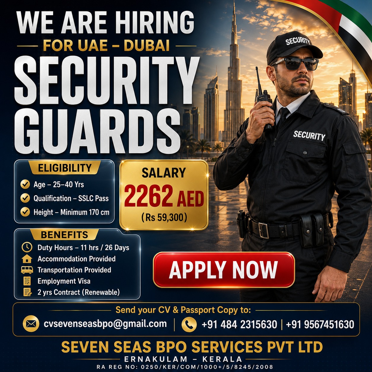 We are Hiring for UAE - Dubai - Security Guards — Seven Seas BPO Services (P) Ltd, UAE, UAE