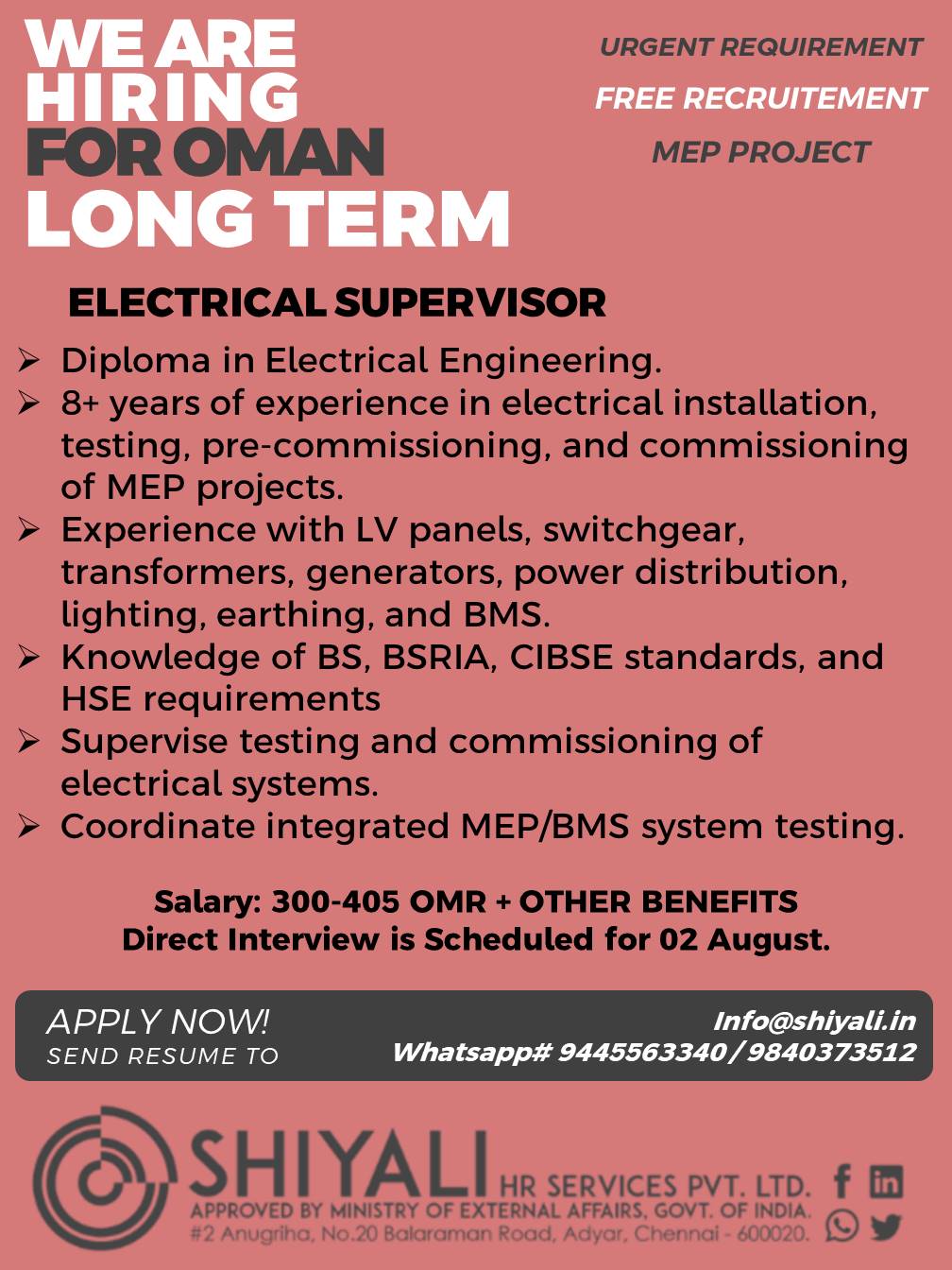 Electrical Supervisor — SHIYALI HR SERVICES, Oman