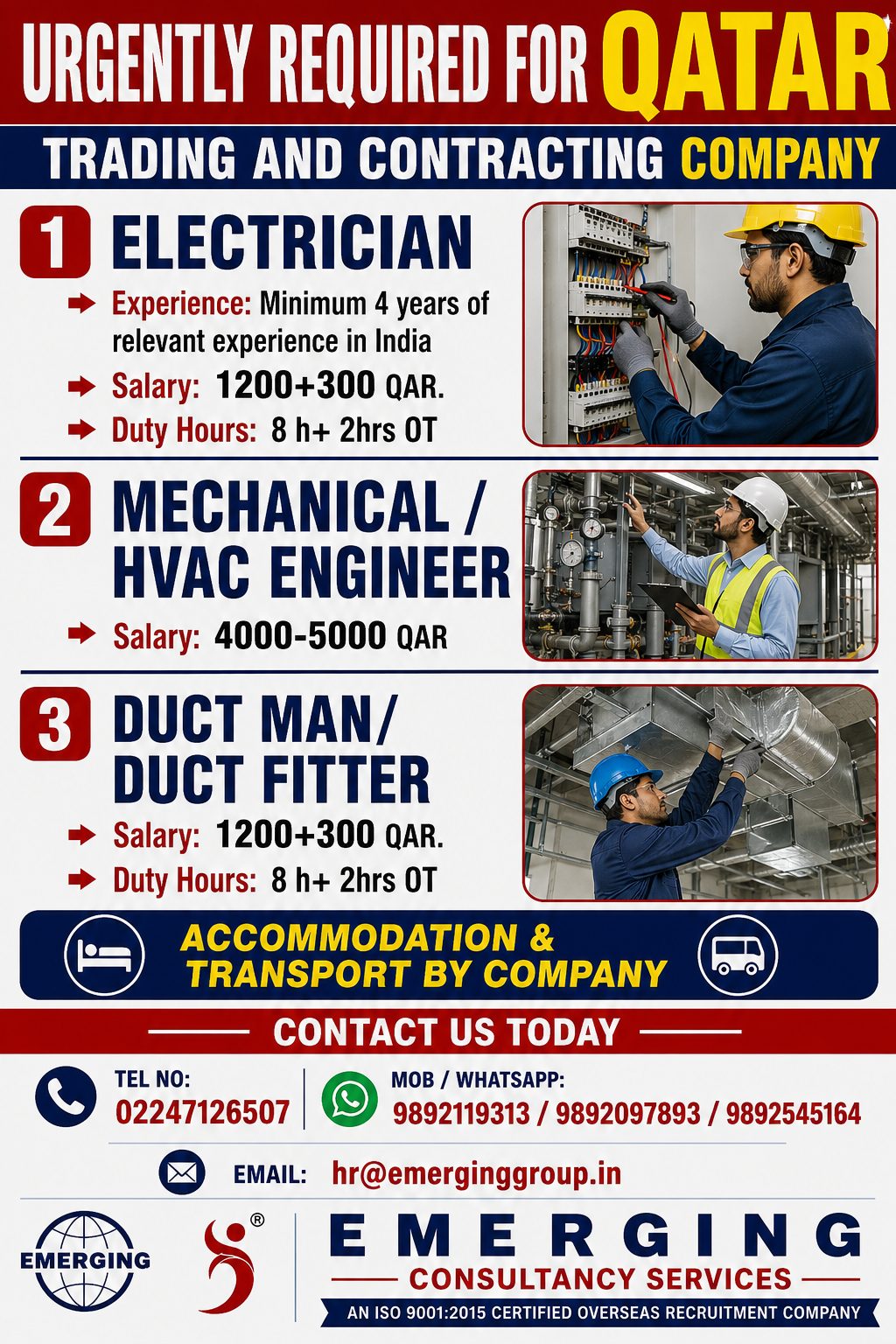 Urgent Hiring for Qatar – Electrician, Mechanical/HVAC Engineer, Duct Man/Duct Fitter (Trading and Contracting Company) — Emerging Consultancy Services, QATAR