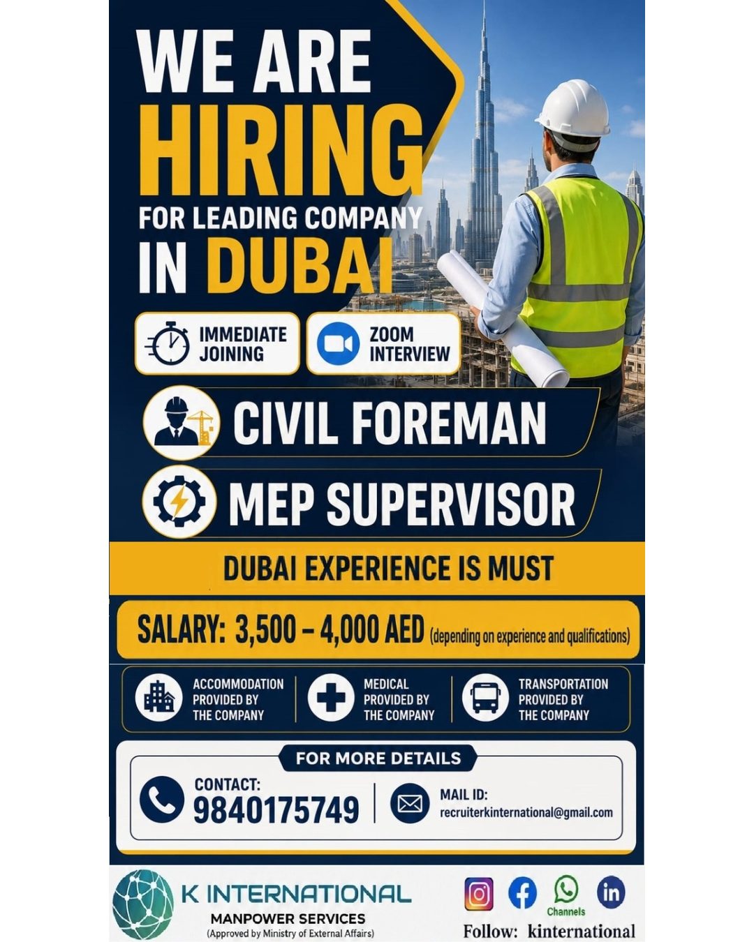 Construction & MEP Positions — K International, United Arab Emirates, United Arab Emirates