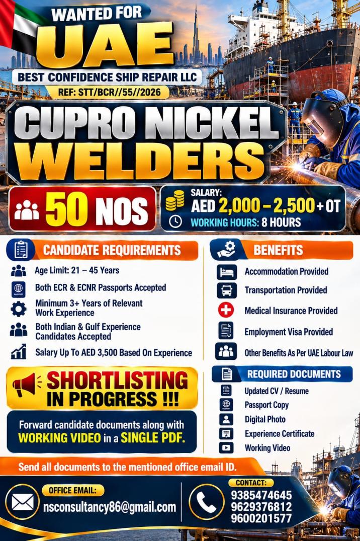 Cupro Nickel Welder Jobs in UAE | 50 Vacancies | AED 2,000–2,500 + OT