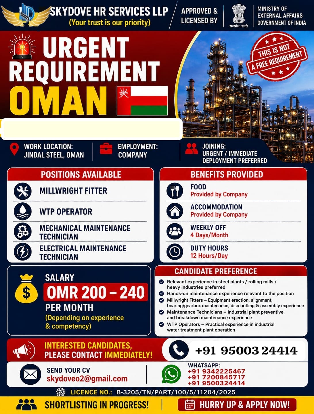 Steel plant vocancy — SKY DOVE HR SERVICES LLP, Oman, Oman
