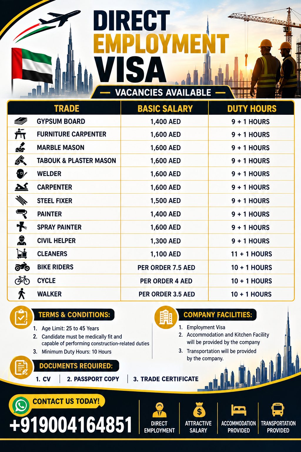 Direct Employment Visa - Multiple Trade Positions
