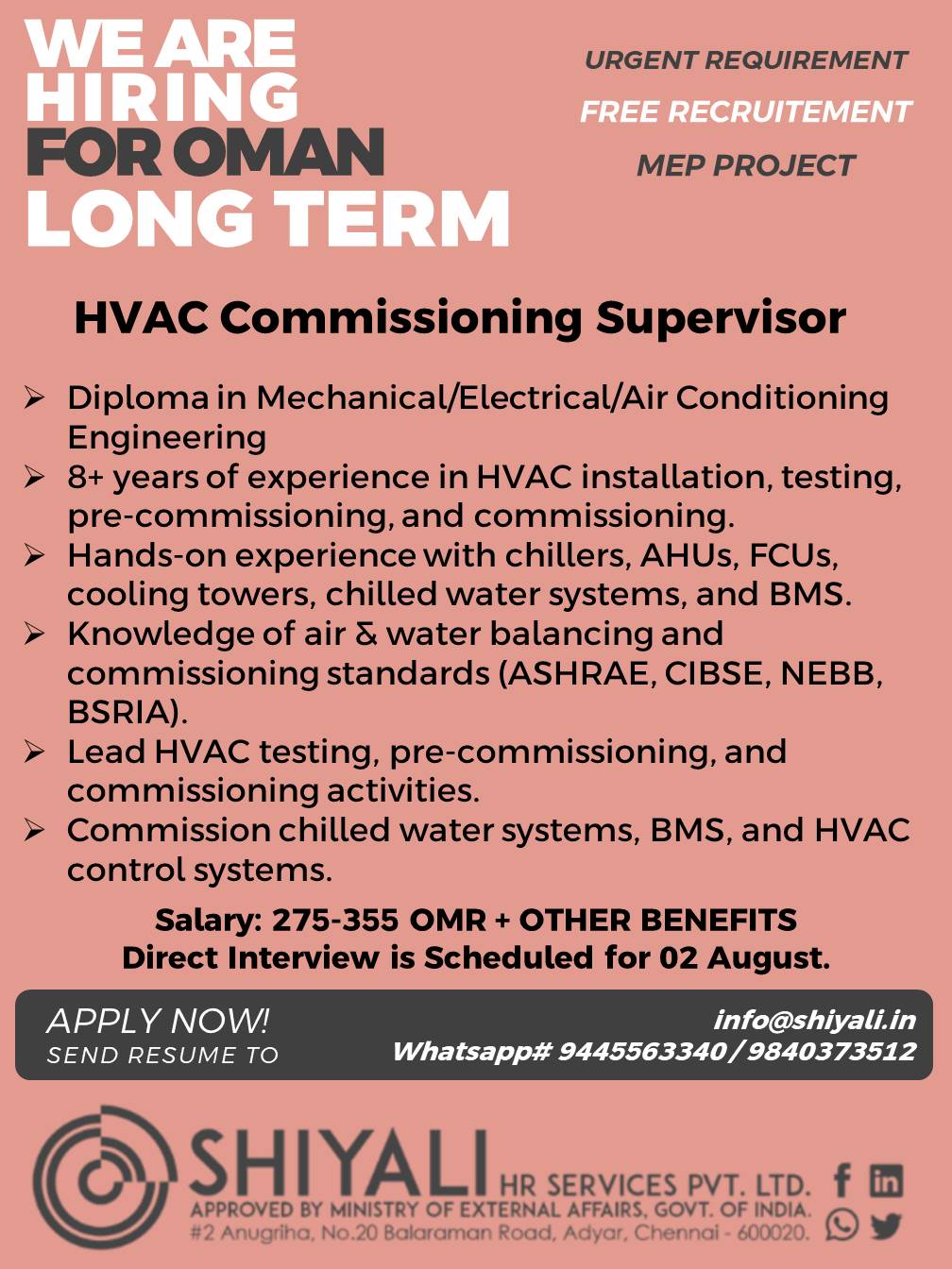 HVAC Commissioning Supervisor — SHIYALI HR SERVICES, Oman