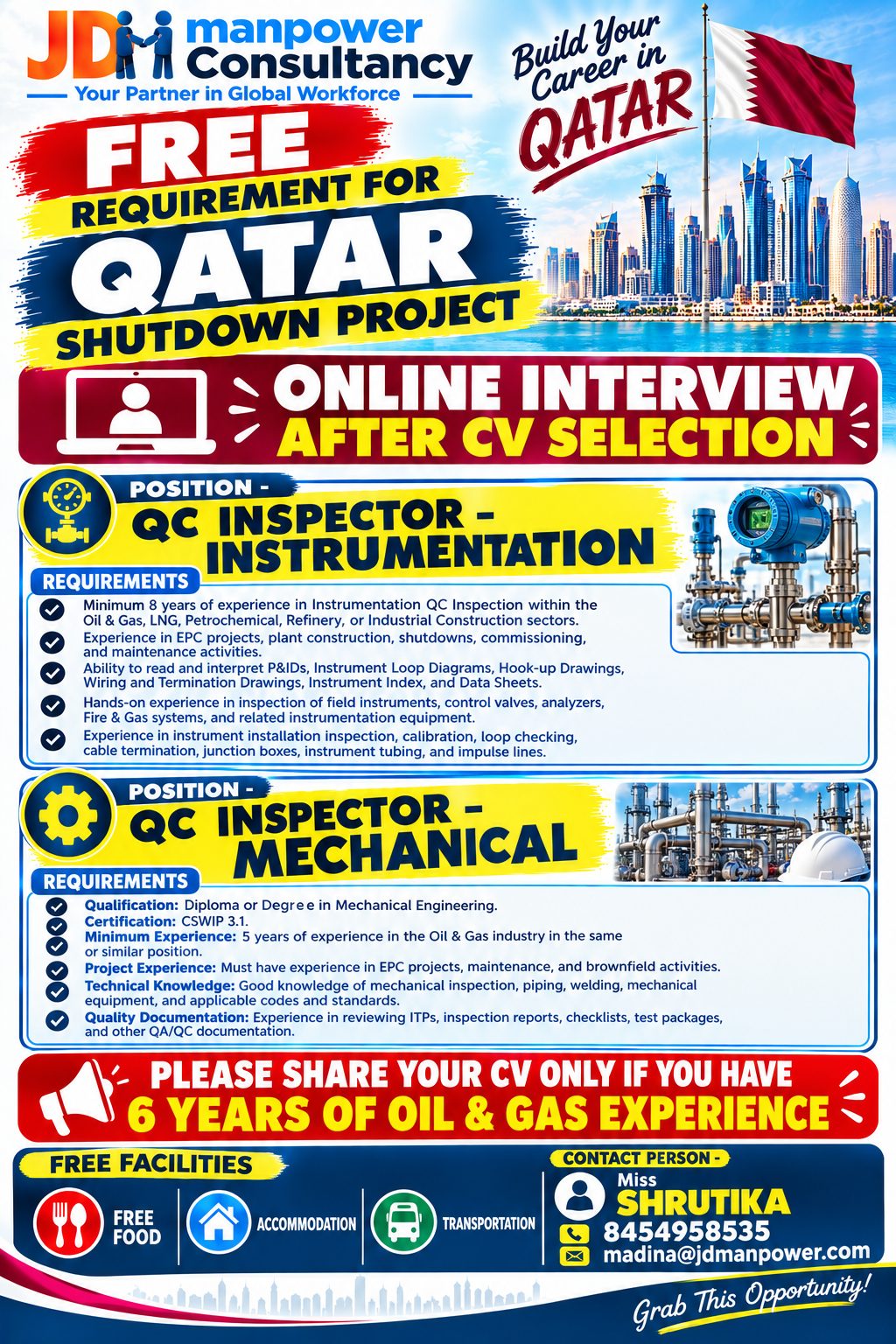 Free Requirement for QC Inspector - Instrumentation & Mechanical for Qatar Shutdown project