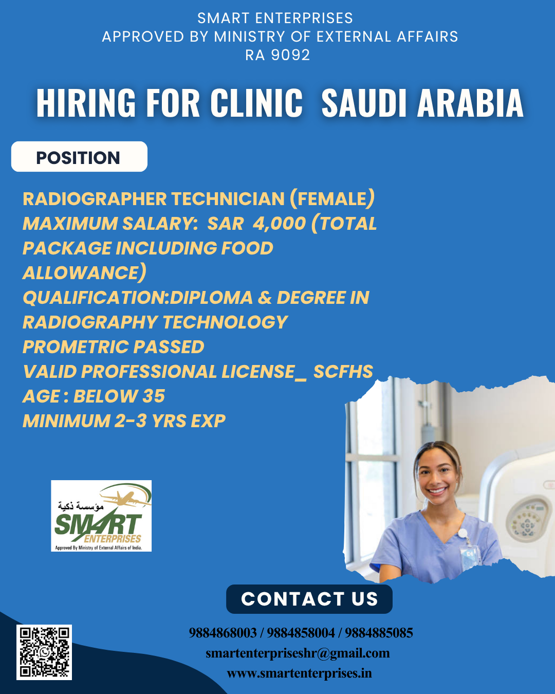 Radiographer Technician (FEMALE) Maximum — smartenterpriseshr@gmail.com, SAUDI ARABIA, SAUDI ARABIA
