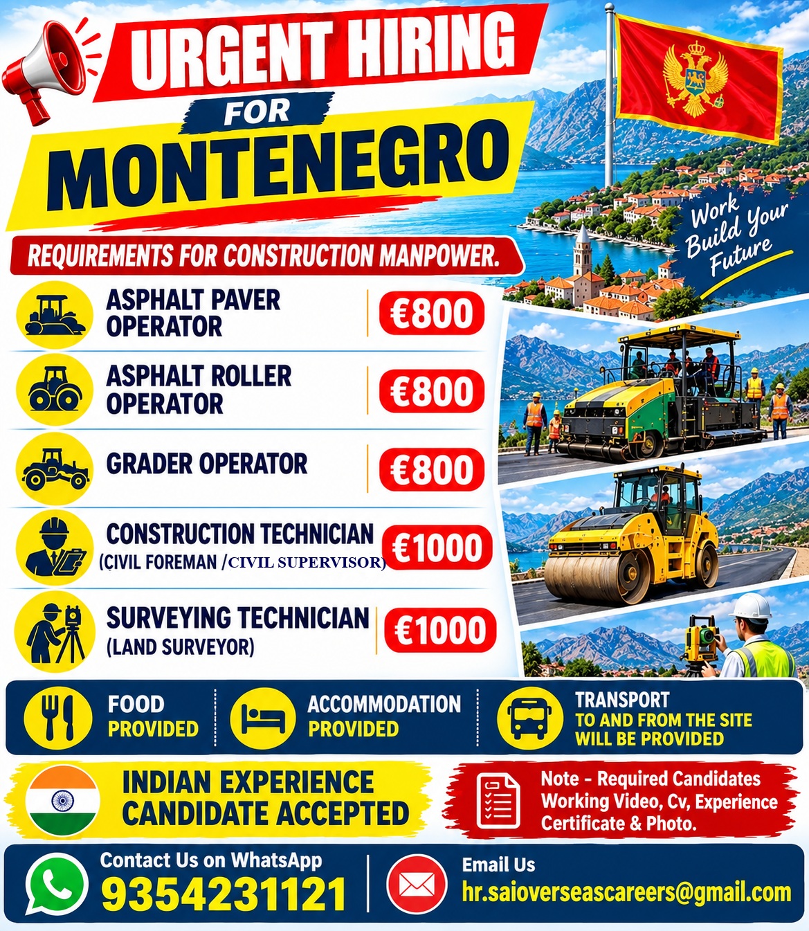 URGENT HIRING FOR MONTENEGRO