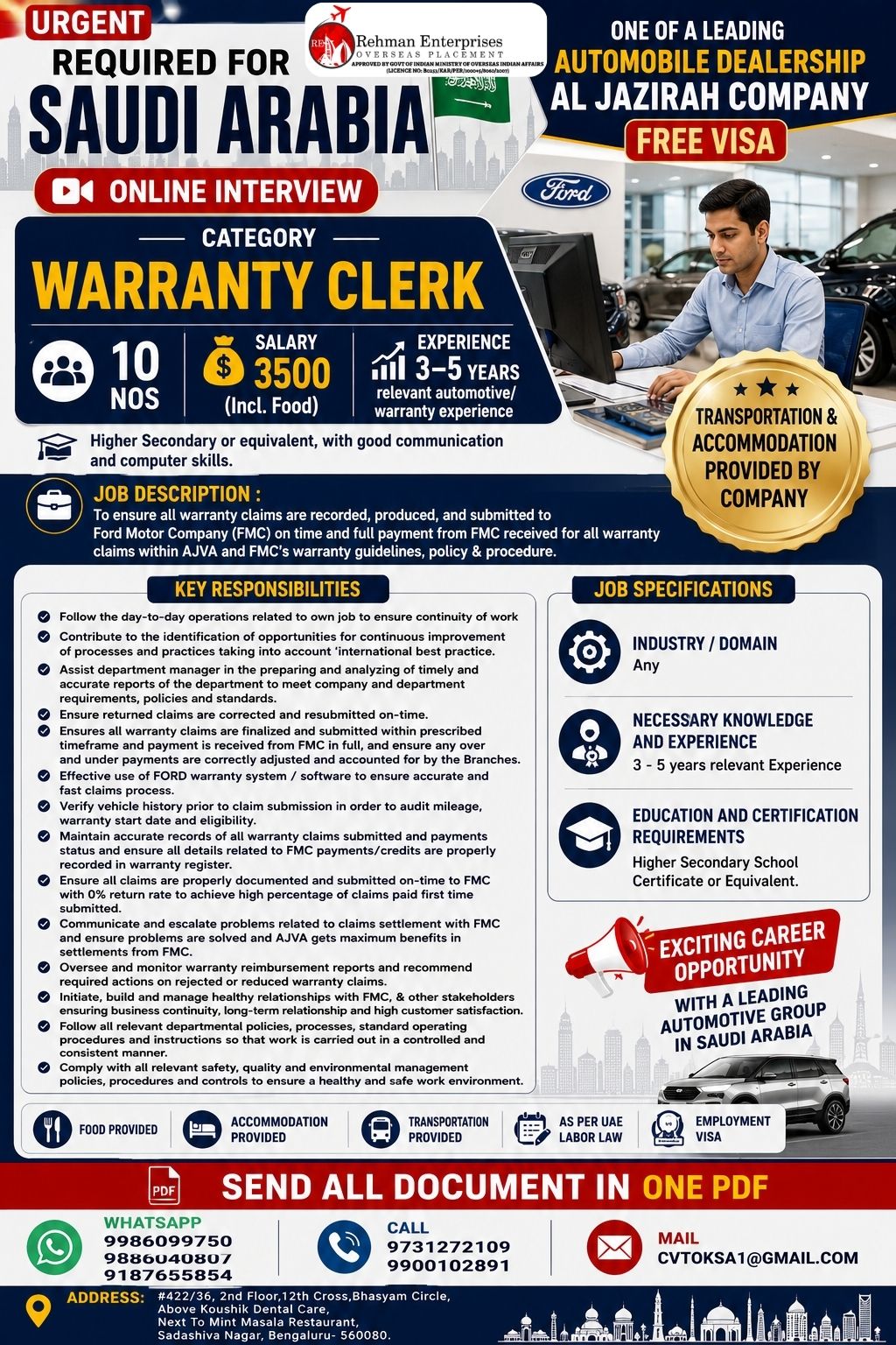 Warranty Clerk — Rehman Enterprises, Saudi Arabia, Saudi Arabia