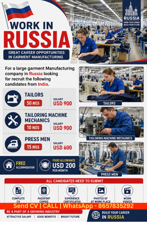 Tailor,Press Men , Factory Labors , Sewing Machine Mechanics