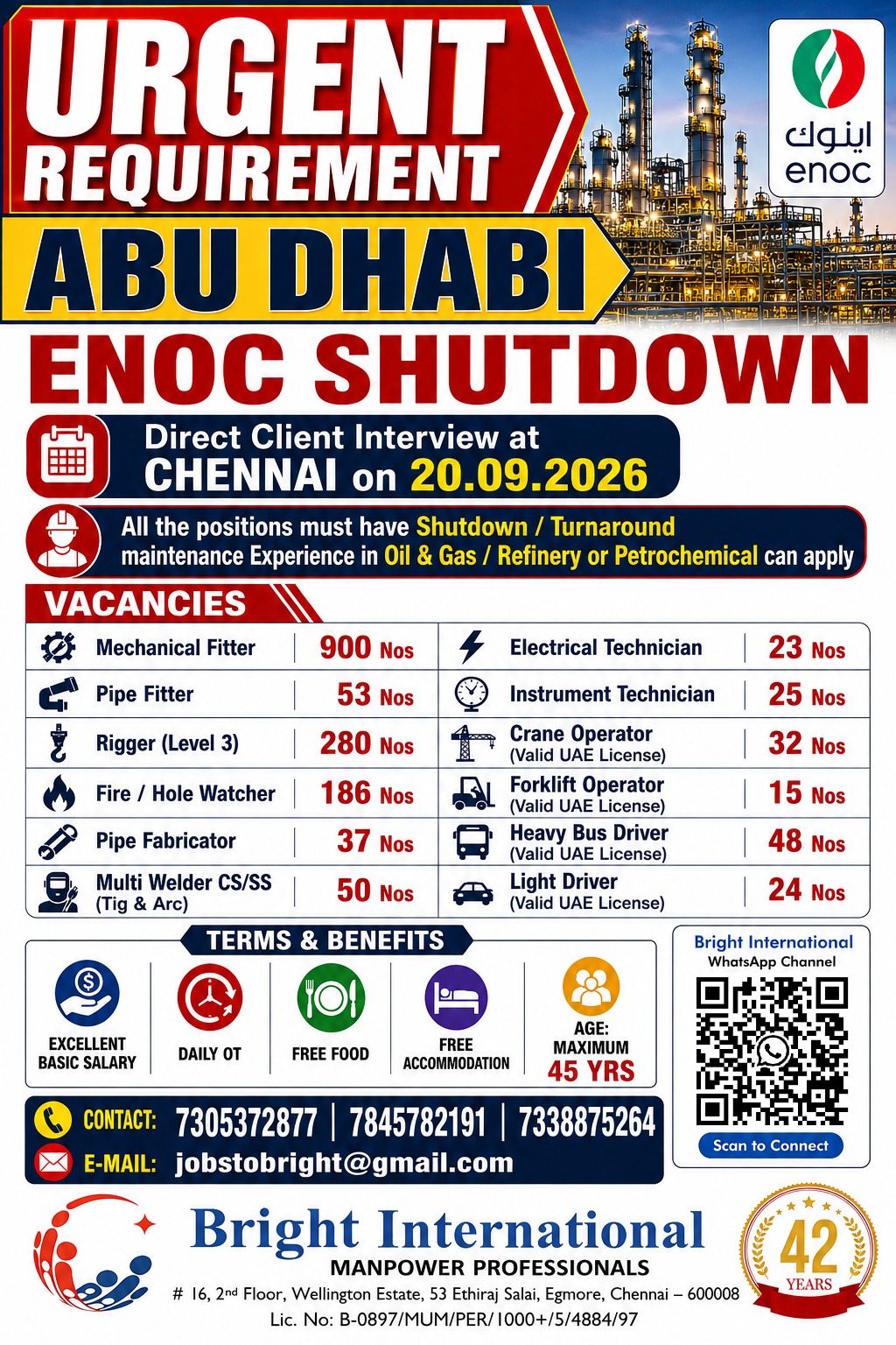 URGENT REQUIREMENT FOR ABU DHABI (ENOC SHUTDOWN) — Bright International, Chennai, UAE