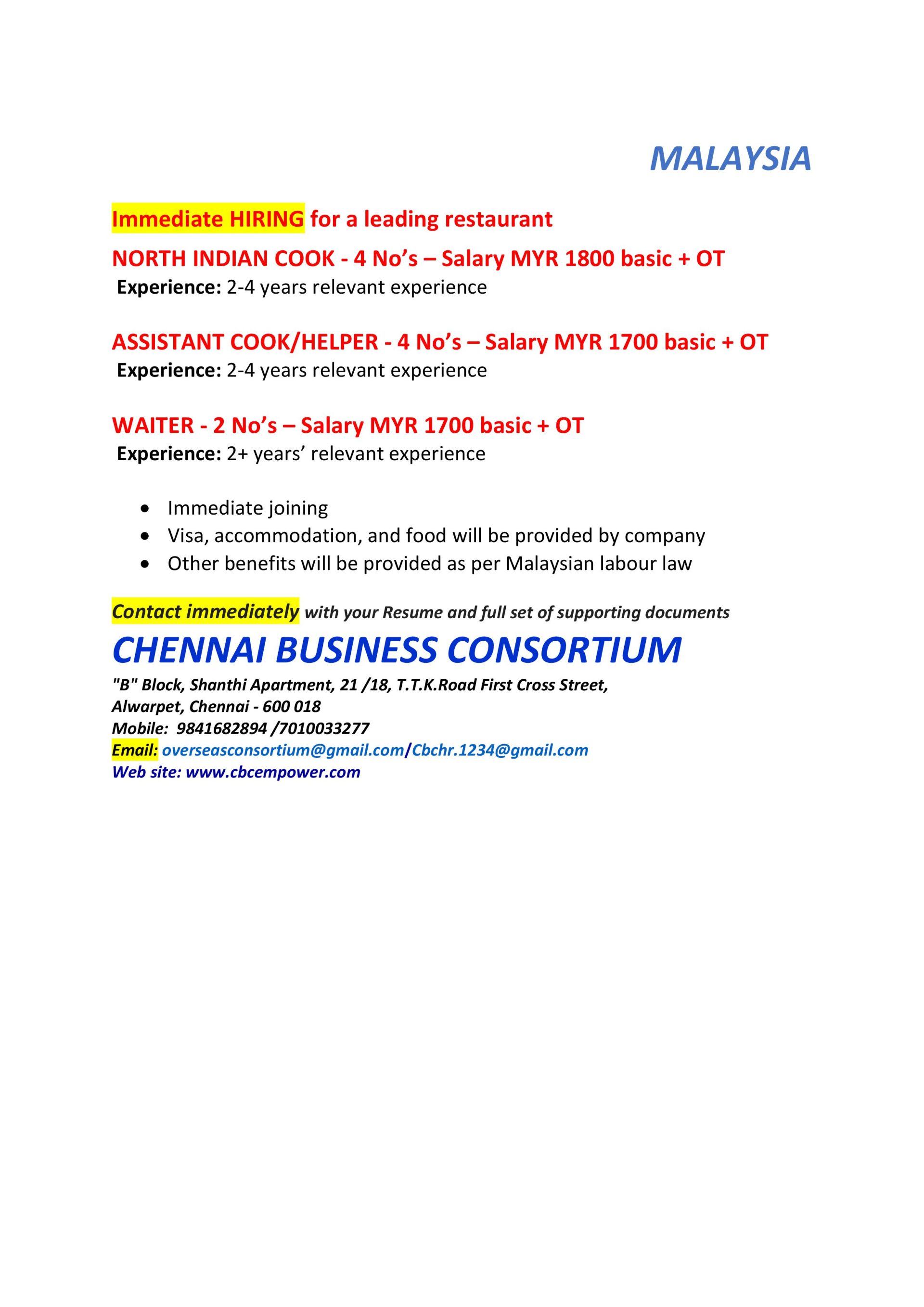 Immediate Hiring for a Leading Restaurant — CHENNAI BUSINESS CONSORTIUM, Malaysia