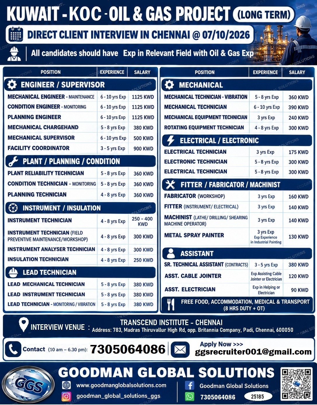 REQUIREMENT -KUWAIT DIRECT CLIENT INTERVIEW IN CHENNAI