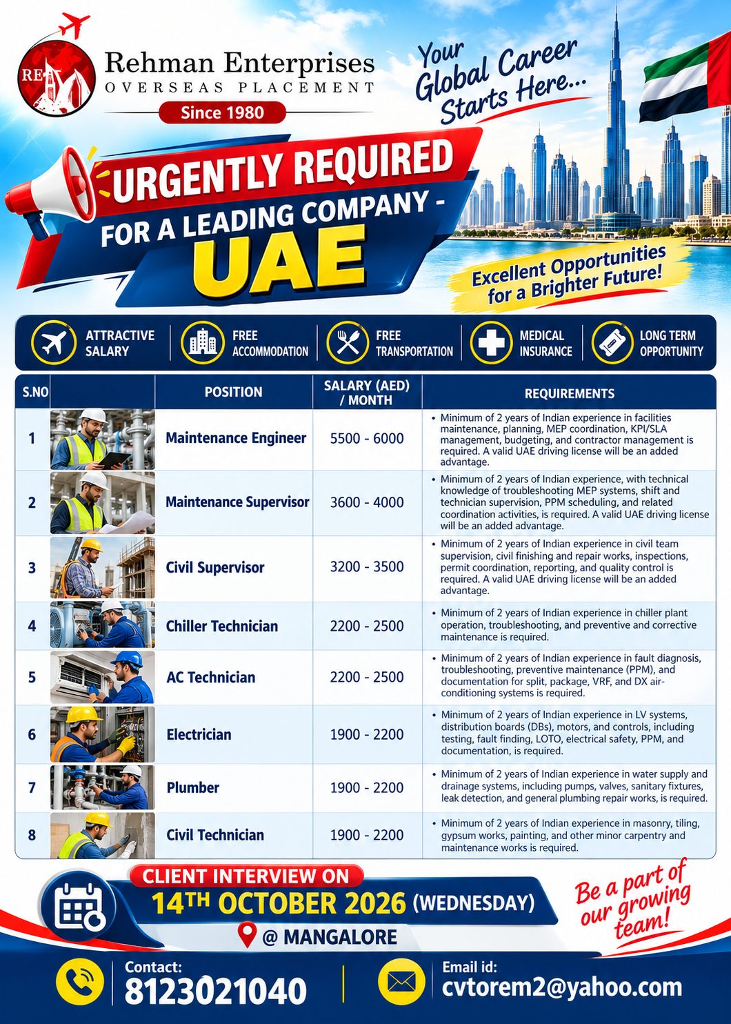 Urgently Required For A Leading Company - UAE — Rehman Enterprises, UAE, UAE