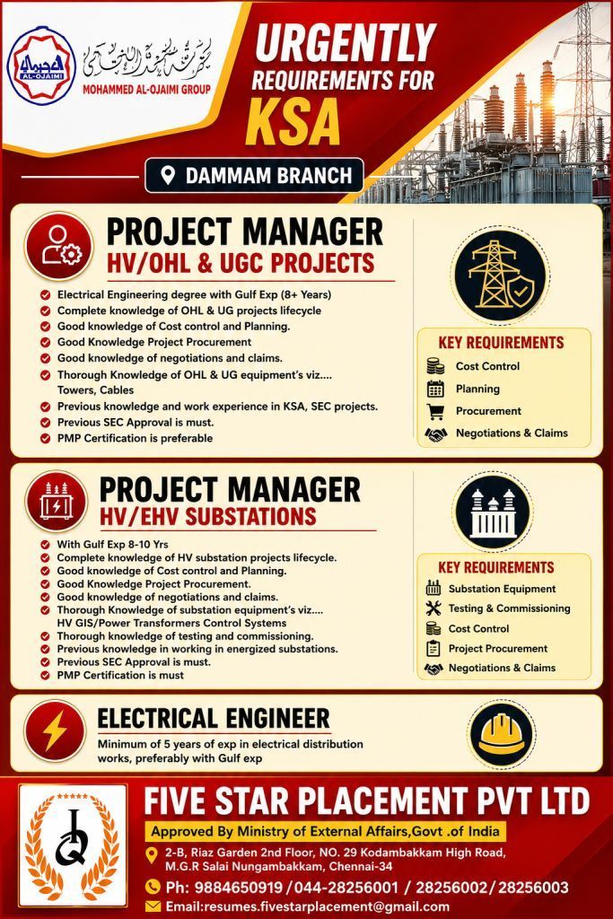 URGENTLY REQUIRMENTS FOR KSA - DAMMAM BRANCH — Five Star Placement Pvt Ltd, SAUDI ARABIA, SAUDI ARABIA