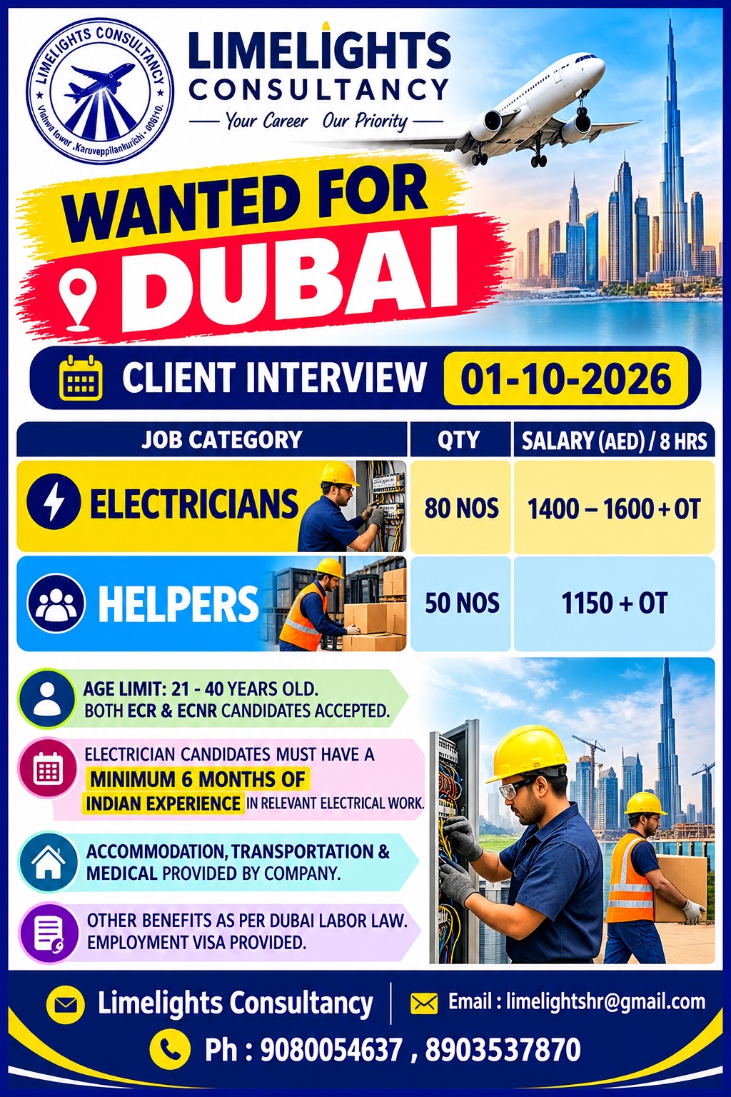 Electricians and Helpers for Dubai